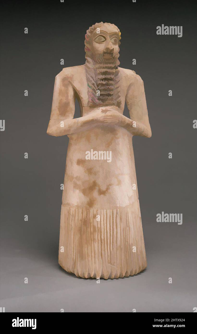 Art inspired by Standing male worshiper, Early Dynastic I-II, ca. 2900–2600 B.C., Mesopotamia, Eshnunna (modern Tell Asmar), Sumerian, Gypsum alabaster, shell, black limestone, bitumen, 11 5/8 x 5 1/8 x 3 7/8 in. (29.5 x 12.9 x 10 cm), Stone-Sculpture, In Mesopotamia gods were thought, Classic works modernized by Artotop with a splash of modernity. Shapes, color and value, eye-catching visual impact on art. Emotions through freedom of artworks in a contemporary way. A timeless message pursuing a wildly creative new direction. Artists turning to the digital medium and creating the Artotop NFT Stock Photo