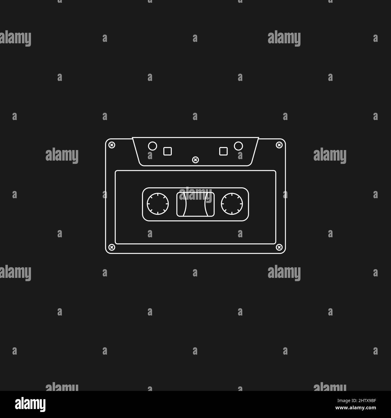 Retrowave aesthetics, linear style audio cassette. Synthwave black and white audio cassette, 1980s style. Design element for retrowave style projects Stock Vector