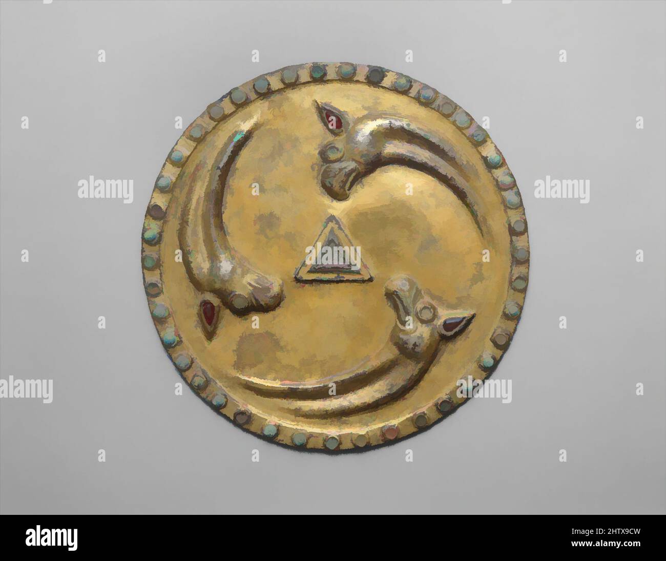 Art inspired by Roundel with griffin heads, ca. 1st–2nd century, Eurasian steppes, Sarmatian, Silver, gilding, inlays, Diam. 5 7/8 in. (14.9 cm), Metalwork-Ornaments, Classic works modernized by Artotop with a splash of modernity. Shapes, color and value, eye-catching visual impact on art. Emotions through freedom of artworks in a contemporary way. A timeless message pursuing a wildly creative new direction. Artists turning to the digital medium and creating the Artotop NFT Stock Photo