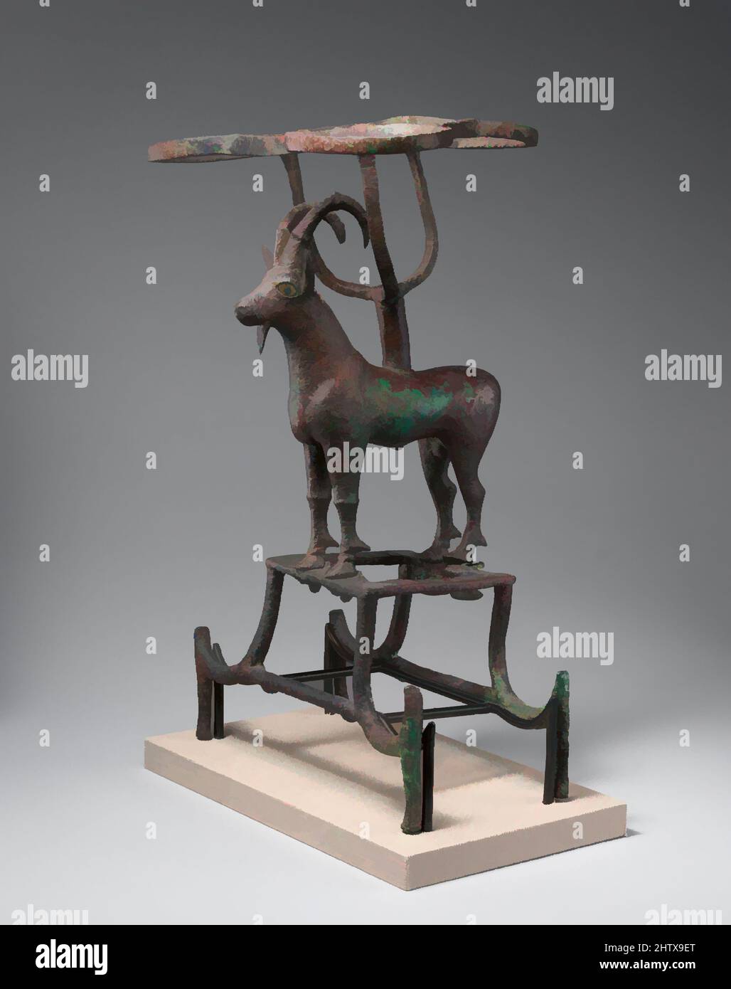 Art inspired by Vessel stand with ibex support, Early Dynastic III, ca. 2600–2350 B.C., Mesopotamia, Sumerian, Copper alloy, inlaid with shell and lapis lazuli, H. 15 3/4 x W. 9 1/4 x D. 9 7/16 in. (40 x 23.5 x 23.9 cm), Metalwork-Sculpture, Temple rituals during the Early Dynastic, Classic works modernized by Artotop with a splash of modernity. Shapes, color and value, eye-catching visual impact on art. Emotions through freedom of artworks in a contemporary way. A timeless message pursuing a wildly creative new direction. Artists turning to the digital medium and creating the Artotop NFT Stock Photo