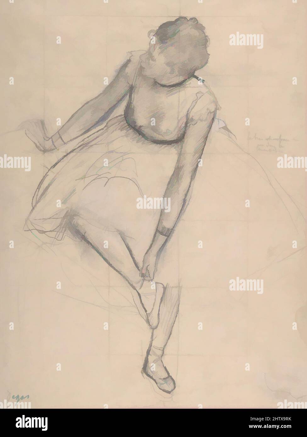 Art inspired by Dancer Adjusting Her Slipper, 1873, Graphite heightened with black and white chalk on pink wove paper (now faded); squared for transfer, Sheet: 13 x 9 5/8 in. (33 x 24.4cm), Drawings, Edgar Degas (French, Paris 1834–1917 Paris), Between 1873 and 1874, Degas made several, Classic works modernized by Artotop with a splash of modernity. Shapes, color and value, eye-catching visual impact on art. Emotions through freedom of artworks in a contemporary way. A timeless message pursuing a wildly creative new direction. Artists turning to the digital medium and creating the Artotop NFT Stock Photo