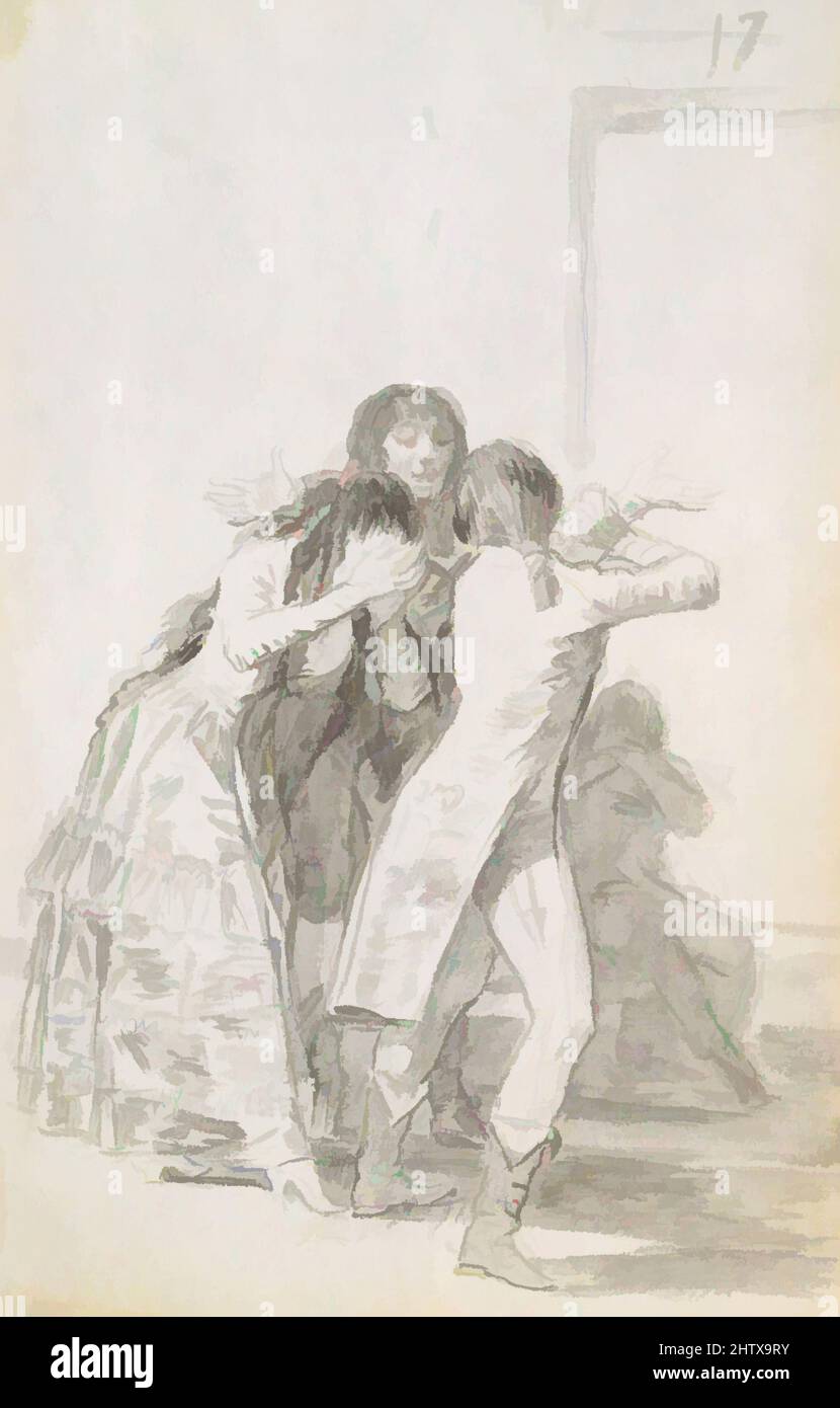 Art inspired by Weeping Woman and Three Men, 1796–97, Brush and gray wash on laid Netherlandish paper, Sheet: 9 1/4 x 5 3/4 in. (23.5 x 14.61cm), Drawings, Goya (Francisco de Goya y Lucientes) (Spanish, Fuendetodos 1746–1828 Bordeaux, Classic works modernized by Artotop with a splash of modernity. Shapes, color and value, eye-catching visual impact on art. Emotions through freedom of artworks in a contemporary way. A timeless message pursuing a wildly creative new direction. Artists turning to the digital medium and creating the Artotop NFT Stock Photo