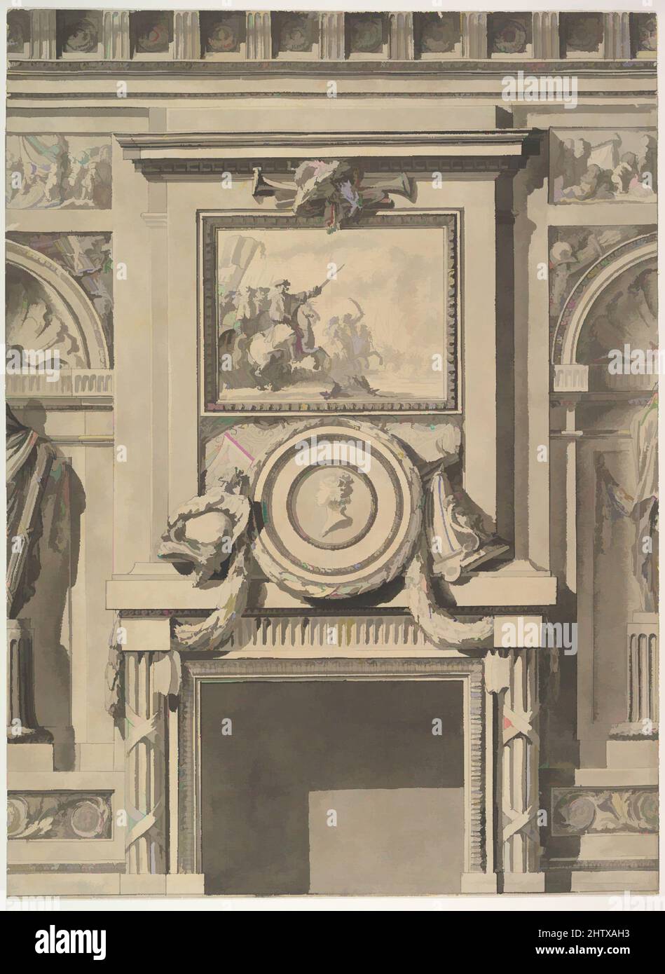 Art inspired by Design for a Chimneypiece, Pen and black ink, brush and gray wash, 15 9/16 x 11 9/16 in. (39.5 x 29.4 cm), Drawings, Jean Charles Delafosse (French, Paris 1734–1789 Paris, Classic works modernized by Artotop with a splash of modernity. Shapes, color and value, eye-catching visual impact on art. Emotions through freedom of artworks in a contemporary way. A timeless message pursuing a wildly creative new direction. Artists turning to the digital medium and creating the Artotop NFT Stock Photo