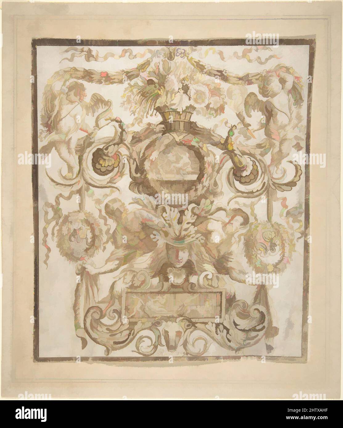 Art inspired by Ornamental Design, ca. 1694, Pen and brown ink. Border in brush and brown wash., 7 1/16 x 6 in. (17.9 x 15.2 cm), Jacob Roer, Classic works modernized by Artotop with a splash of modernity. Shapes, color and value, eye-catching visual impact on art. Emotions through freedom of artworks in a contemporary way. A timeless message pursuing a wildly creative new direction. Artists turning to the digital medium and creating the Artotop NFT Stock Photo