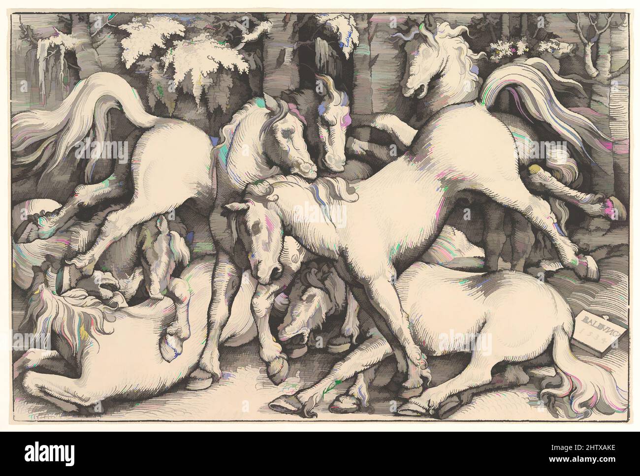 Art inspired by Group of Seven Horses, 1534, Woodcut, sheet: 8-5/8 x 12-7/8 in. (21.8 x 32.6 cm), Prints, Hans Baldung (called Hans Baldung Grien) (German, Schwäbisch Gmünd (?) 1484/85–1545 Strasbourg (Strassburg)), In 1534 Baldung made three woodcuts of wild horses in a dark and dense, Classic works modernized by Artotop with a splash of modernity. Shapes, color and value, eye-catching visual impact on art. Emotions through freedom of artworks in a contemporary way. A timeless message pursuing a wildly creative new direction. Artists turning to the digital medium and creating the Artotop NFT Stock Photo