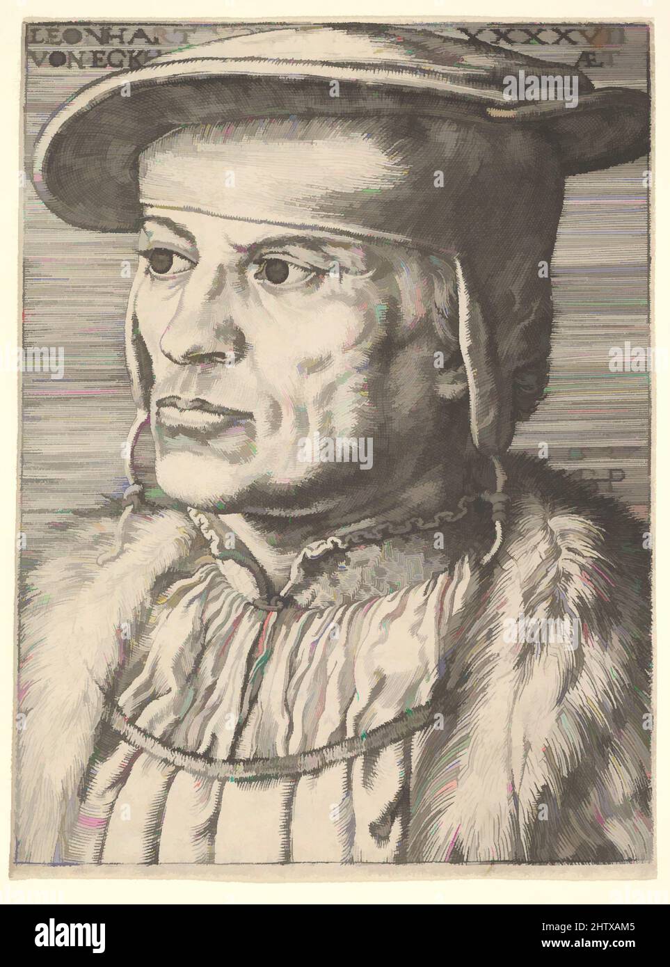 Art inspired by Leonhart von Eck, 1527, Engraving; second state, Sheet: 4 3/16 × 3 1/4 in. (10.7 × 8.2 cm), Prints, Barthel Beham (German, Nuremberg ca. 1502–1540 Italy, Classic works modernized by Artotop with a splash of modernity. Shapes, color and value, eye-catching visual impact on art. Emotions through freedom of artworks in a contemporary way. A timeless message pursuing a wildly creative new direction. Artists turning to the digital medium and creating the Artotop NFT Stock Photo