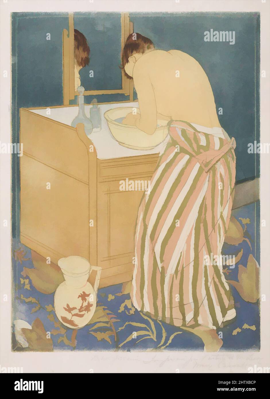 Art inspired by Woman Bathing (La Toilette), 1890–91, Drypoint and aquatint, printed in color from three plates; fourth state of four (Mathews & Shapiro), plate: 14 5/16 x 10 9/16 in. (36.4 x 26.8 cm), Prints, Mary Cassatt (American, Pittsburgh, Pennsylvania 1844–1926 Le Mesnil-, Classic works modernized by Artotop with a splash of modernity. Shapes, color and value, eye-catching visual impact on art. Emotions through freedom of artworks in a contemporary way. A timeless message pursuing a wildly creative new direction. Artists turning to the digital medium and creating the Artotop NFT Stock Photo