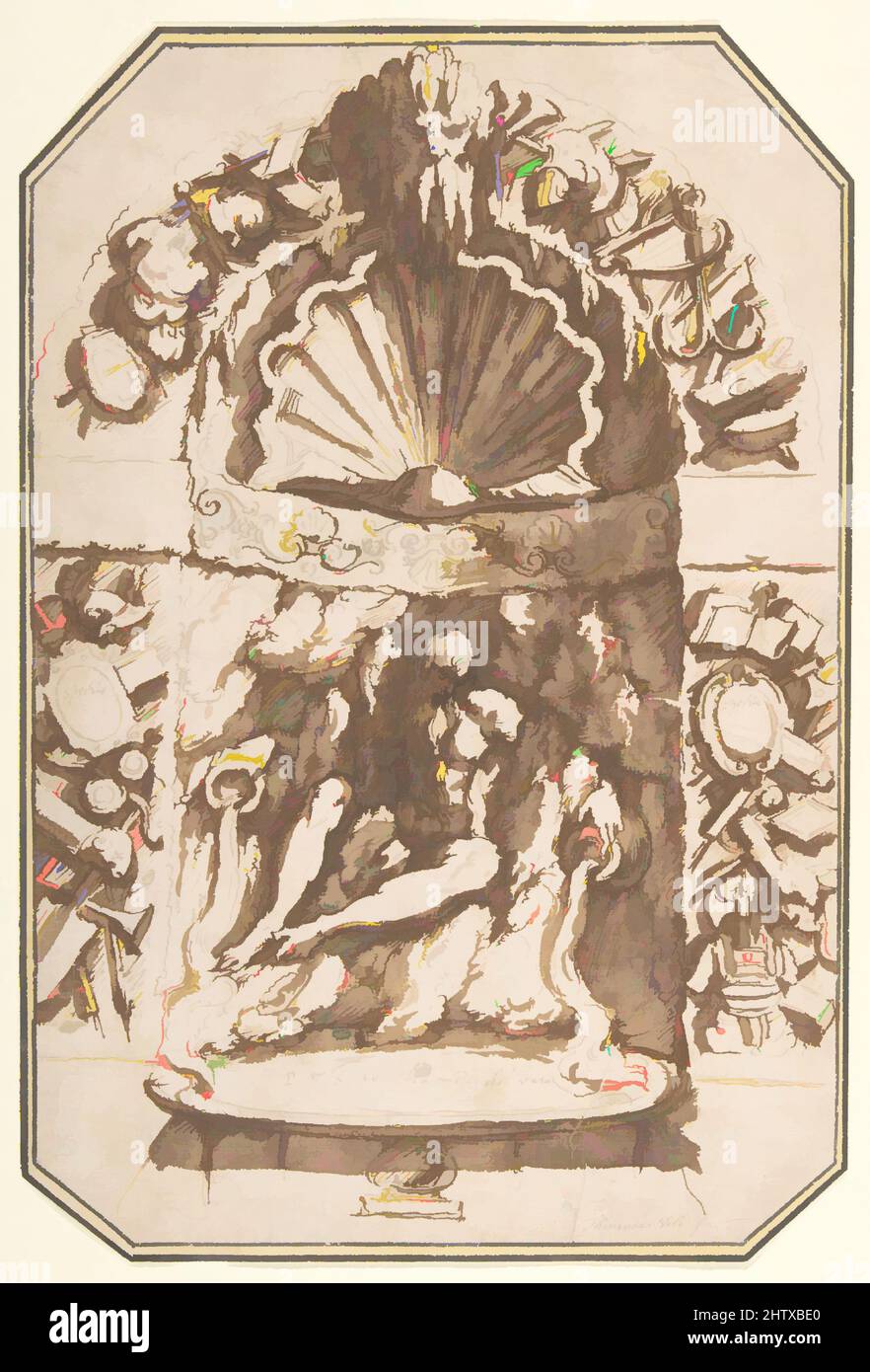 Art inspired by A Fountain in a Grotto, ca. 1598, Pen and brown ink, brush and brown wash, over traces of black and red chalk, maximum, corners cut to octagonal shape: 10 3/4 × 7 1/4 in. (27.3 × 18.4 cm), Giovanni Guerra (Italian, Modena 1544–1618 Rome), During the 16th century, Classic works modernized by Artotop with a splash of modernity. Shapes, color and value, eye-catching visual impact on art. Emotions through freedom of artworks in a contemporary way. A timeless message pursuing a wildly creative new direction. Artists turning to the digital medium and creating the Artotop NFT Stock Photo