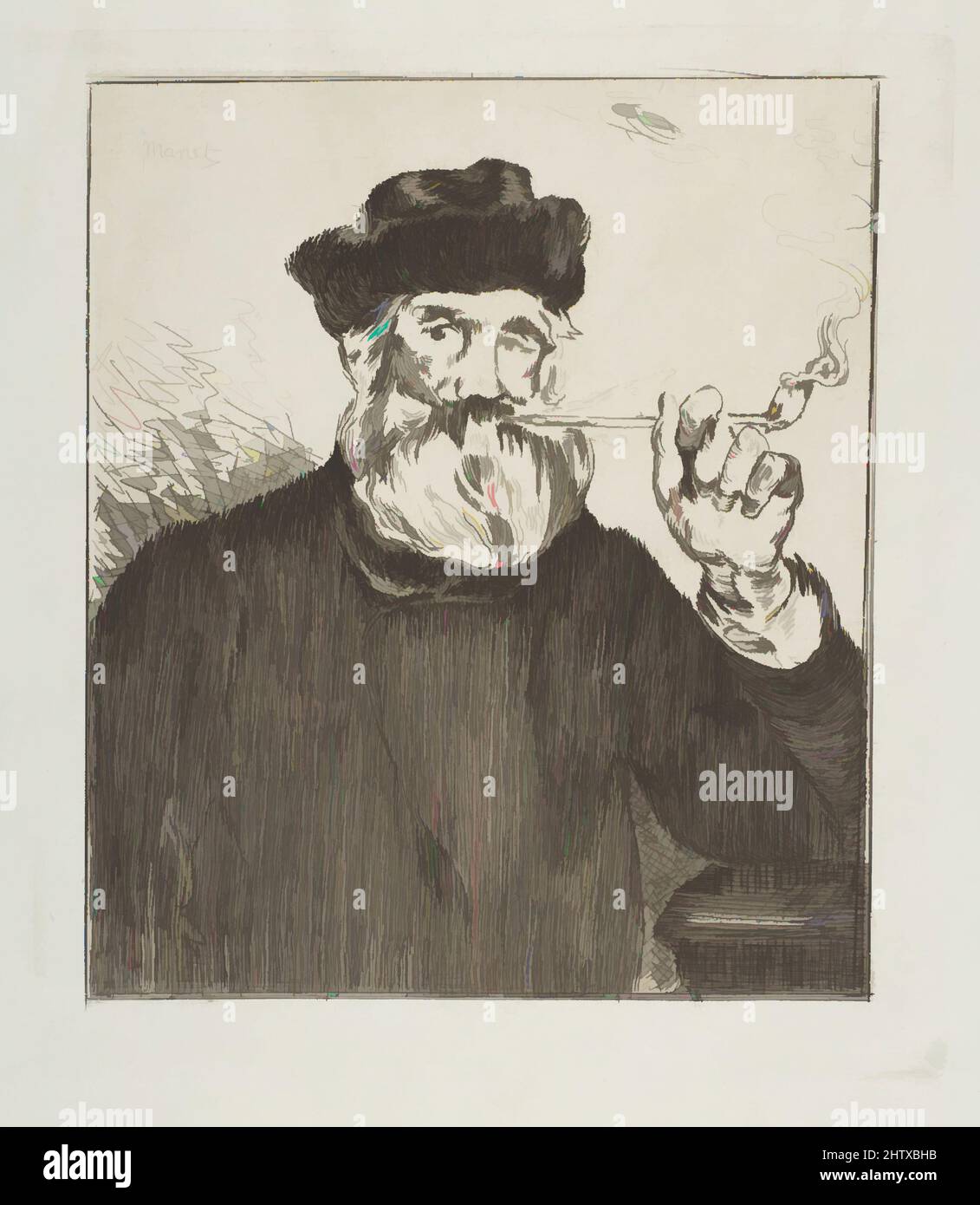 Art inspired by The Smoker (Le Fumeur), 1866–67, Etching on blue laid paper, final state (II), from 1905 Strölin edition, plate: 6 13/16 x 5 13/16in. (17.3 x 14.8cm), Prints, Édouard Manet (French, Paris 1832–1883 Paris, Classic works modernized by Artotop with a splash of modernity. Shapes, color and value, eye-catching visual impact on art. Emotions through freedom of artworks in a contemporary way. A timeless message pursuing a wildly creative new direction. Artists turning to the digital medium and creating the Artotop NFT Stock Photo