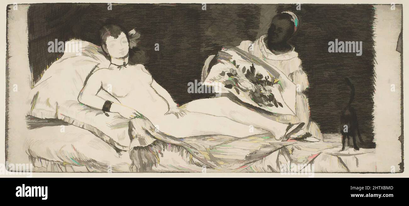 Art inspired by Olympia (small plate), 1867, Etching and aquatint on laid paper, state II of VI, plate: 3 3/8 x 8 1/8in. (8.6 x 20.6cm), Prints, Édouard Manet (French, Paris 1832–1883 Paris, Classic works modernized by Artotop with a splash of modernity. Shapes, color and value, eye-catching visual impact on art. Emotions through freedom of artworks in a contemporary way. A timeless message pursuing a wildly creative new direction. Artists turning to the digital medium and creating the Artotop NFT Stock Photo