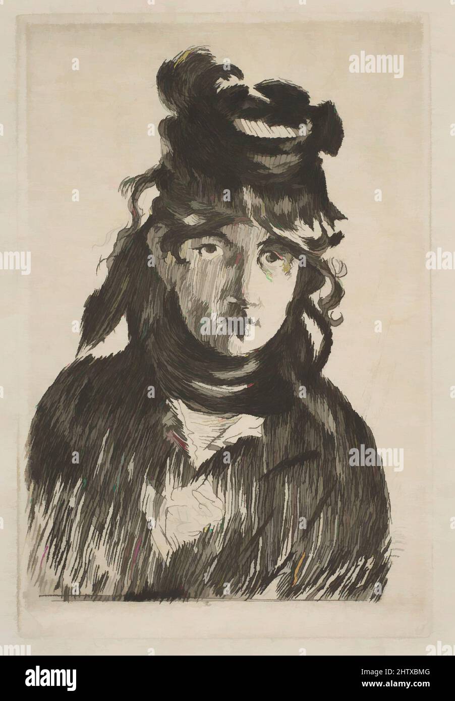 Art inspired by Berthe Morisot, 1872, Etching and drypoint on laid paper, first state of three, plate: 4 11/16 x 3 1/8in. (11.9 x 7.9cm), Prints, Édouard Manet (French, Paris 1832–1883 Paris, Classic works modernized by Artotop with a splash of modernity. Shapes, color and value, eye-catching visual impact on art. Emotions through freedom of artworks in a contemporary way. A timeless message pursuing a wildly creative new direction. Artists turning to the digital medium and creating the Artotop NFT Stock Photo