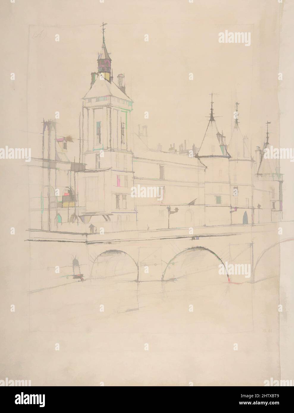 Art inspired by The Clock Tower, ca. 1852, Graphite with red chalk on laid paper (a narrow strip added at right), 14 1/2 x 10 3/8 in. (36.8 x 26.4 cm), Drawings, Charles Meryon (French, 1821–1868, Classic works modernized by Artotop with a splash of modernity. Shapes, color and value, eye-catching visual impact on art. Emotions through freedom of artworks in a contemporary way. A timeless message pursuing a wildly creative new direction. Artists turning to the digital medium and creating the Artotop NFT Stock Photo