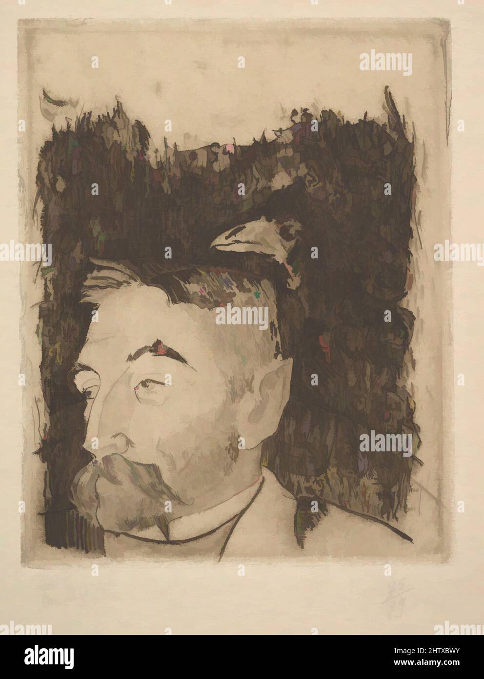 Art inspired by Portrait of Stéphane Mallarmé, 1891, etching, 7 3/16 x 5 11/16 in. (18.3 x 14.4 cm): plate, Prints, Paul Gauguin (French, Paris 1848–1903 Atuona, Hiva Oa, Marquesas Islands, Classic works modernized by Artotop with a splash of modernity. Shapes, color and value, eye-catching visual impact on art. Emotions through freedom of artworks in a contemporary way. A timeless message pursuing a wildly creative new direction. Artists turning to the digital medium and creating the Artotop NFT Stock Photo