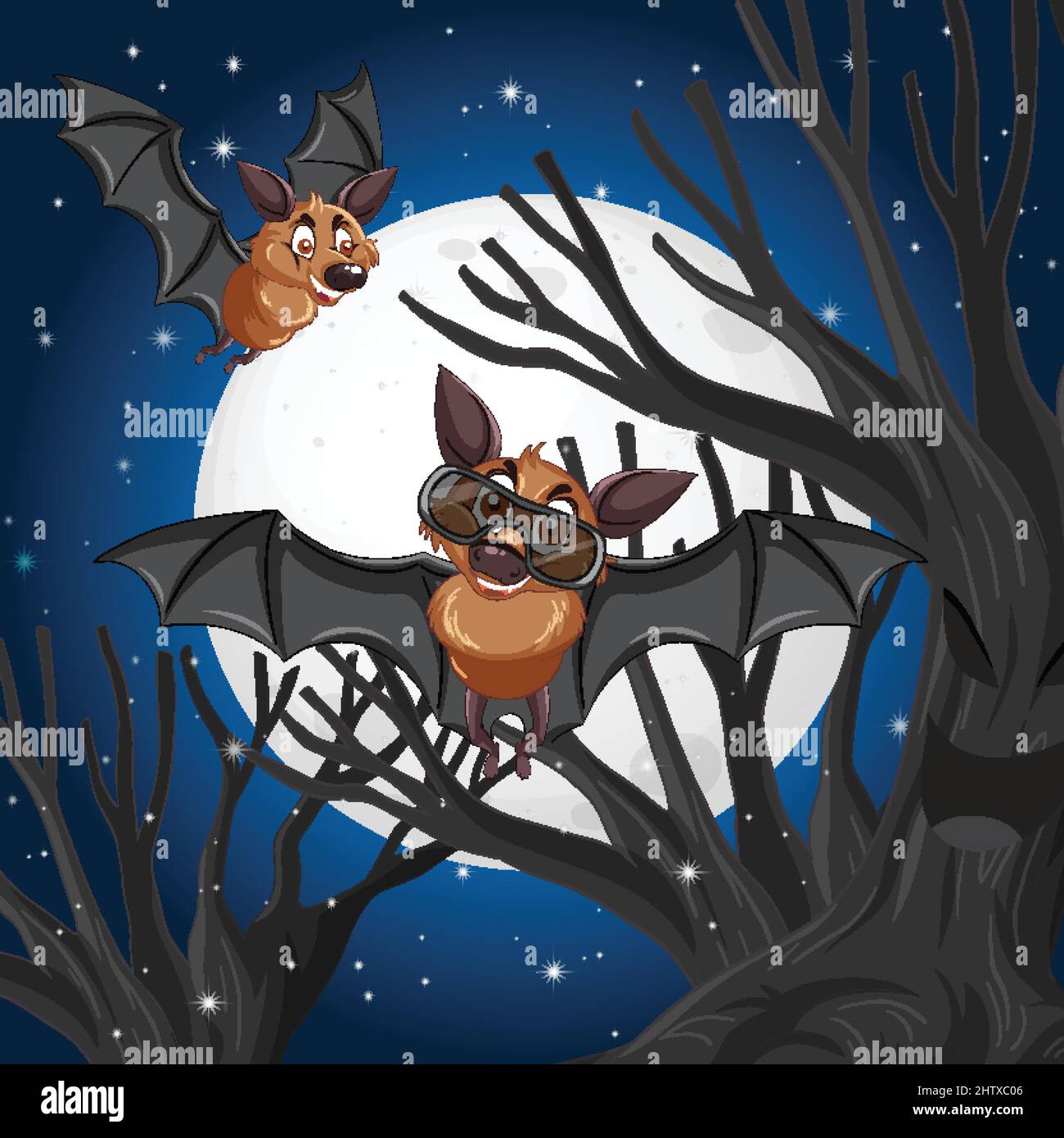 Halloween night scene with two bats in cartoon style illustration Stock ...