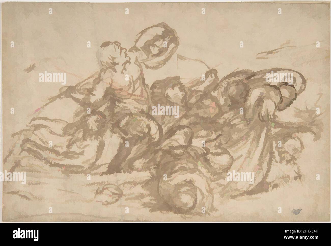 Art inspired by Sea Battle, 1596–1669, Brush and brown wash, 4 3/4 x 7 1/16in. (12.1 x 18cm), Drawings, Pietro da Cortona (Pietro Berrettini) (Italian, Cortona 1596–1669 Rome, Classic works modernized by Artotop with a splash of modernity. Shapes, color and value, eye-catching visual impact on art. Emotions through freedom of artworks in a contemporary way. A timeless message pursuing a wildly creative new direction. Artists turning to the digital medium and creating the Artotop NFT Stock Photo