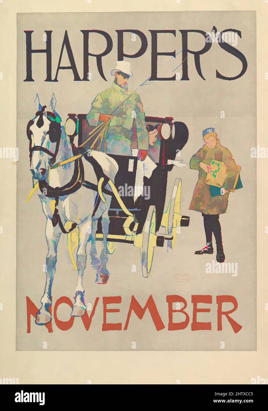 Art inspired by Harper's, November, 1893, Lithograph, Sheet: 19 1/2 × 13 9/16 in. (49.6 × 34.4 cm), Edward Penfield (American, Brooklyn, New York 1866–1925 Beacon, New York, Classic works modernized by Artotop with a splash of modernity. Shapes, color and value, eye-catching visual impact on art. Emotions through freedom of artworks in a contemporary way. A timeless message pursuing a wildly creative new direction. Artists turning to the digital medium and creating the Artotop NFT Stock Photo