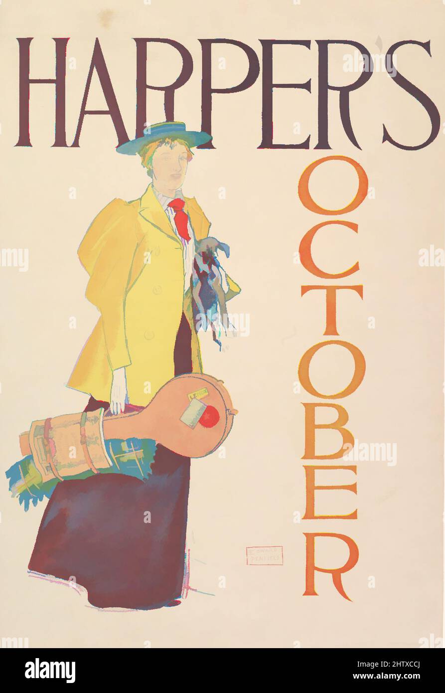 Art inspired by Harper's, October, 1893, Lithograph, Sheet: 16 5/8 × 11 7/16 in. (42.3 × 29 cm), Edward Penfield (American, Brooklyn, New York 1866–1925 Beacon, New York, Classic works modernized by Artotop with a splash of modernity. Shapes, color and value, eye-catching visual impact on art. Emotions through freedom of artworks in a contemporary way. A timeless message pursuing a wildly creative new direction. Artists turning to the digital medium and creating the Artotop NFT Stock Photo