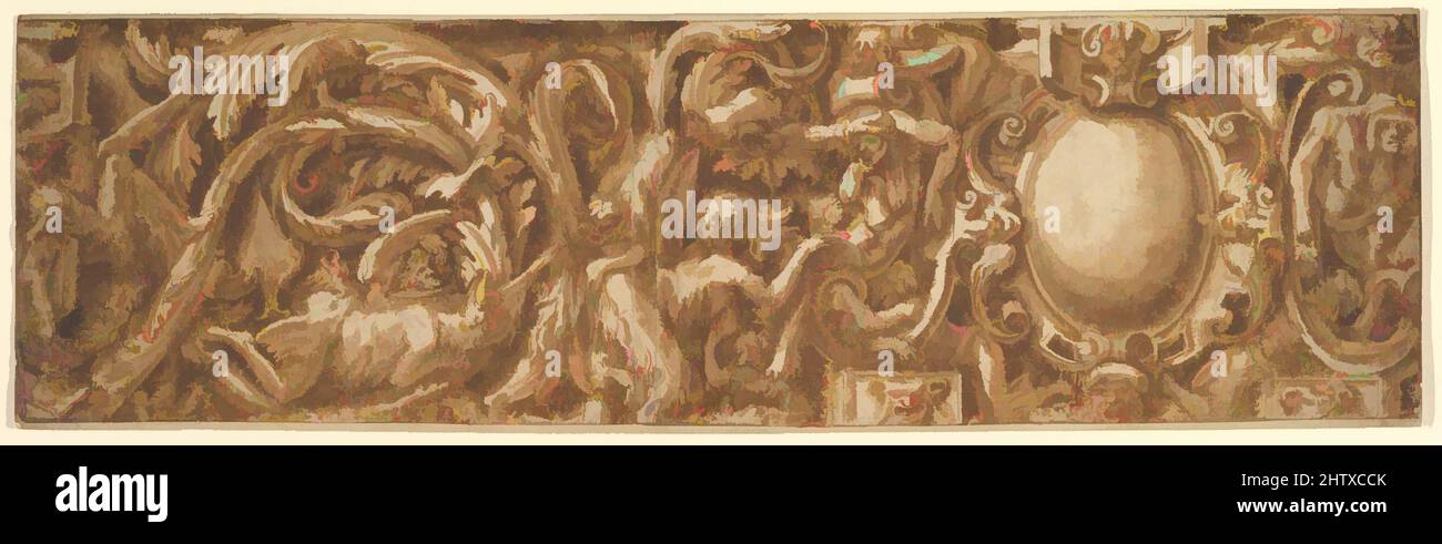 Art inspired by Ornamental Frieze, 1511–87, Pen and brown ink, brush and brown wash, 5-1/2 x 19-5/16 in. (14.0 x 49.1 cm), Drawings, Lelio Orsi (called Lelio da Novellara) (Italian, Novellara 1508/11–1587 Novellara, Classic works modernized by Artotop with a splash of modernity. Shapes, color and value, eye-catching visual impact on art. Emotions through freedom of artworks in a contemporary way. A timeless message pursuing a wildly creative new direction. Artists turning to the digital medium and creating the Artotop NFT Stock Photo