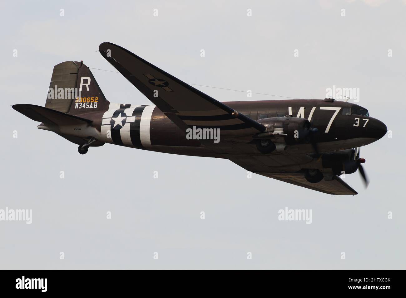 N345AN (43-30652), a Douglas C-47A Skytrain operated by the 1941 Historical Aircraft Group, arriving at Prestwick Airport in Ayrshire, Scotland. Stock Photo