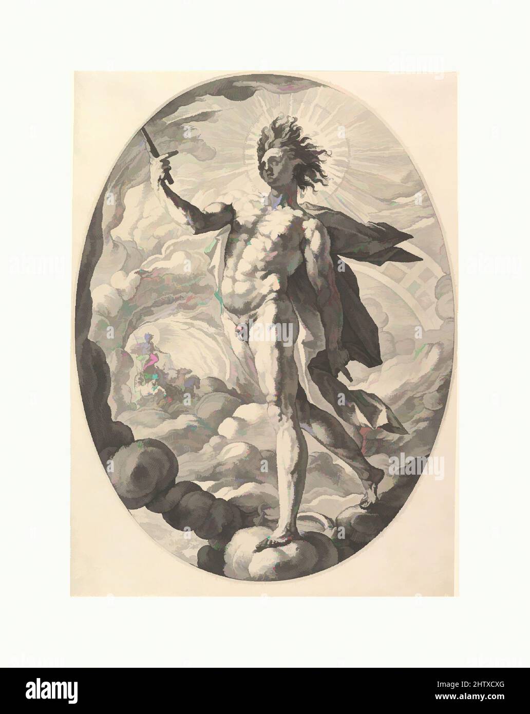 Art inspired by Apollo, 1588, Engraving, Sheet: 10 3/8 x 13 3/4 in. (26.4 x 34.9 cm), Prints, Hendrick Goltzius (Netherlandish, Mühlbracht 1558–1617 Haarlem), The elegant figure of Apollo strides forward on a swirling bank of clouds. The sun god's hair rises in the air like flames. The, Classic works modernized by Artotop with a splash of modernity. Shapes, color and value, eye-catching visual impact on art. Emotions through freedom of artworks in a contemporary way. A timeless message pursuing a wildly creative new direction. Artists turning to the digital medium and creating the Artotop NFT Stock Photo