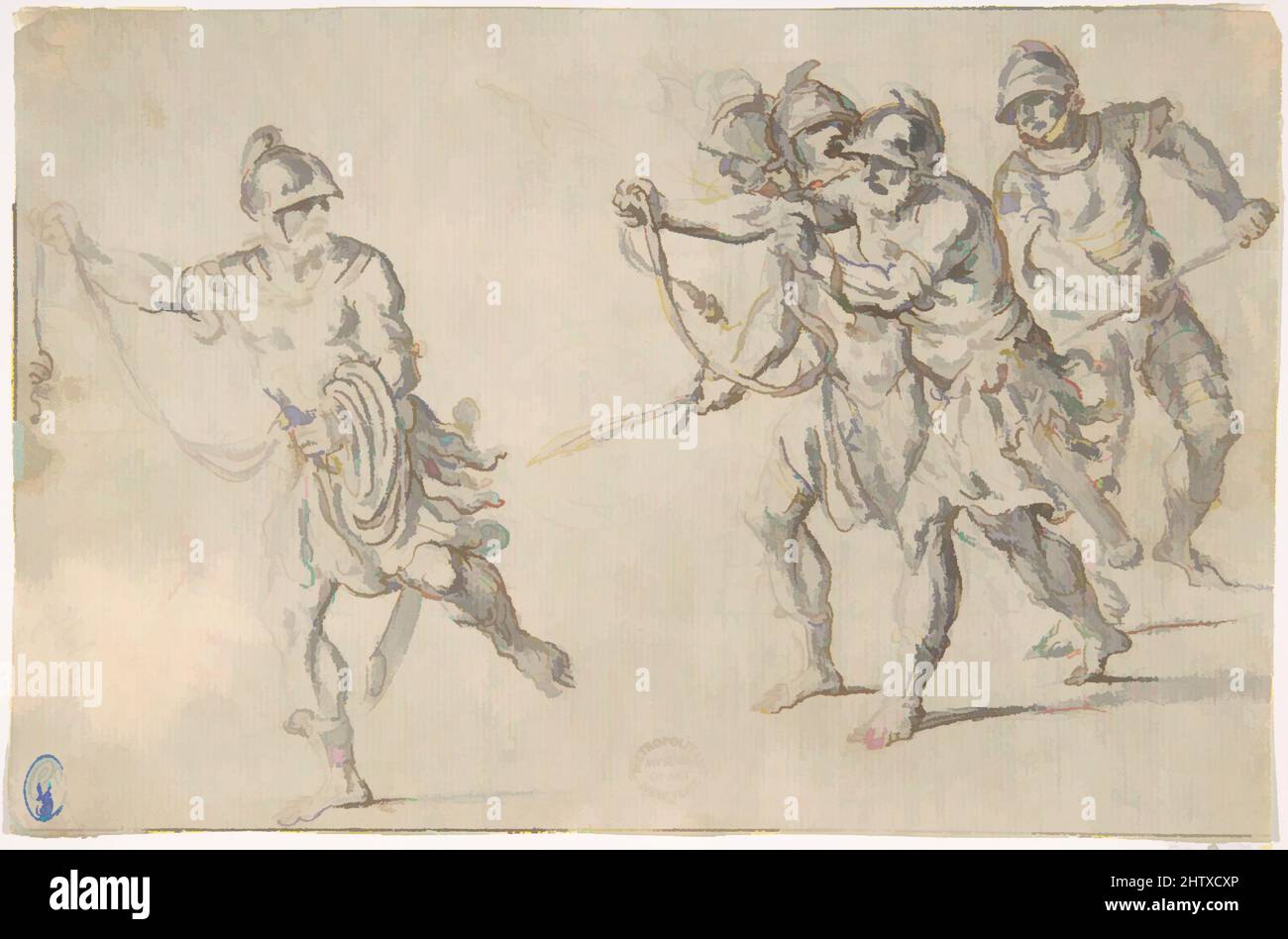 Art inspired by Soldiers Running, 16th century, Pen and brown ink, brush and gray wash over black chalk on cream paper. Fragmentary ruled framing outline in brown ink along top, left and bottom edges, 4-13/16 x 7-1/2 in. (12.3 x 19 cm), Drawings, Anonymous, Italian, 16th century (, Classic works modernized by Artotop with a splash of modernity. Shapes, color and value, eye-catching visual impact on art. Emotions through freedom of artworks in a contemporary way. A timeless message pursuing a wildly creative new direction. Artists turning to the digital medium and creating the Artotop NFT Stock Photo