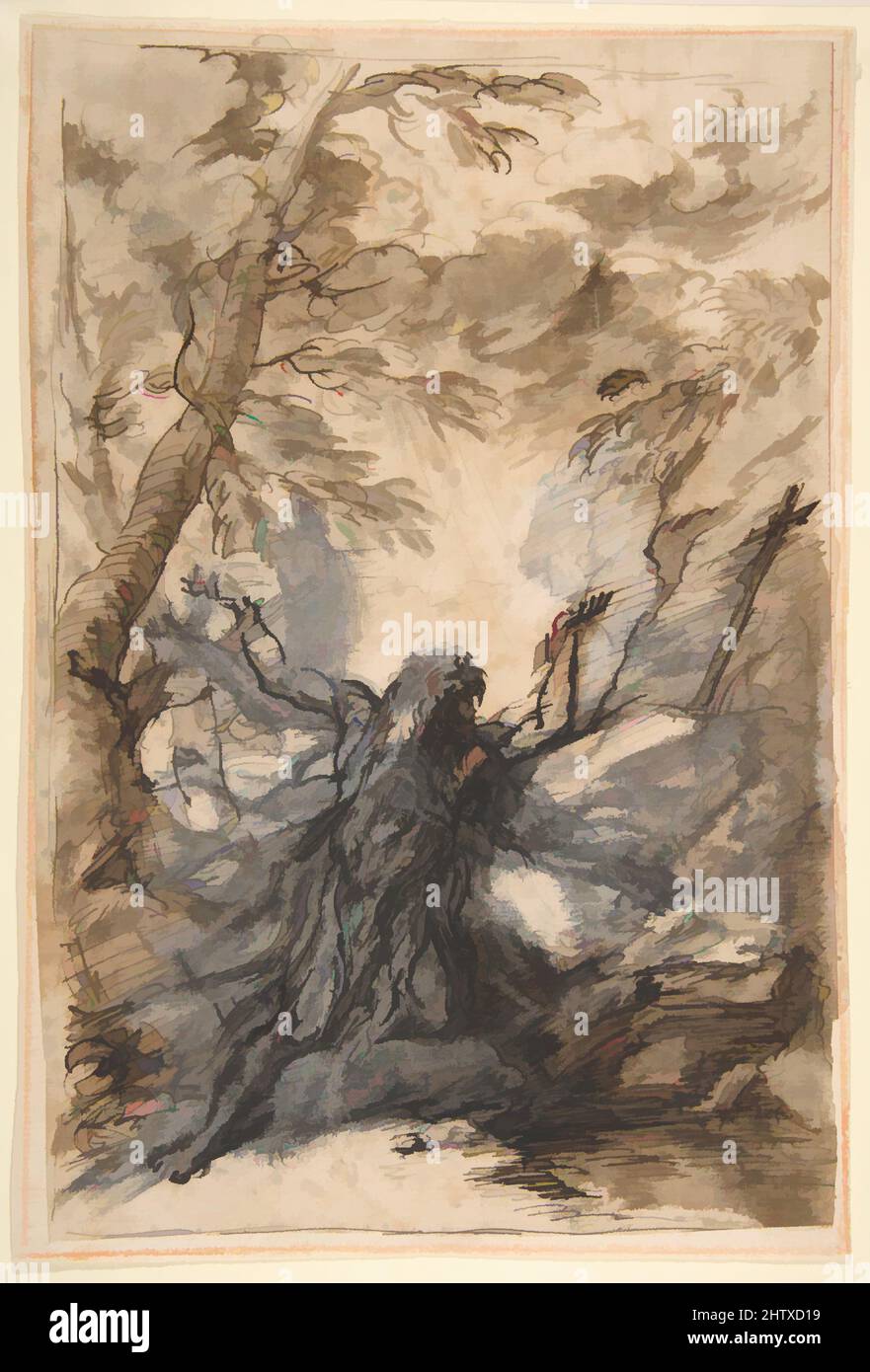 Art inspired by St. Paul, Hermit, 1615–73, Pen and brown and black ink, brown wash, over black chalk, corrected and highlighted with gray gouache, 11-1/2 x 7-5/8 in. (29.2 x 19.4 cm), Drawings, Salvator Rosa (Italian, Arenella (Naples) 1615–1673 Rome, Classic works modernized by Artotop with a splash of modernity. Shapes, color and value, eye-catching visual impact on art. Emotions through freedom of artworks in a contemporary way. A timeless message pursuing a wildly creative new direction. Artists turning to the digital medium and creating the Artotop NFT Stock Photo
