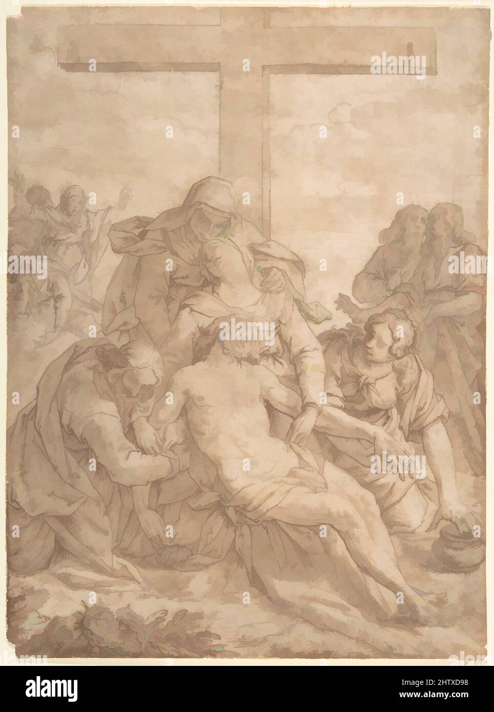 Art inspired by Descent from the Cross, 1615–16, Pen and brown ink, brush and brown wash on buff paper, 12 1/2 x 9 1/4in. (31.8 x 23.5cm), Drawings, Pasquale Ottino (Pasqualotto) (Italian, Verona 1578–1630 Verona, Classic works modernized by Artotop with a splash of modernity. Shapes, color and value, eye-catching visual impact on art. Emotions through freedom of artworks in a contemporary way. A timeless message pursuing a wildly creative new direction. Artists turning to the digital medium and creating the Artotop NFT Stock Photo