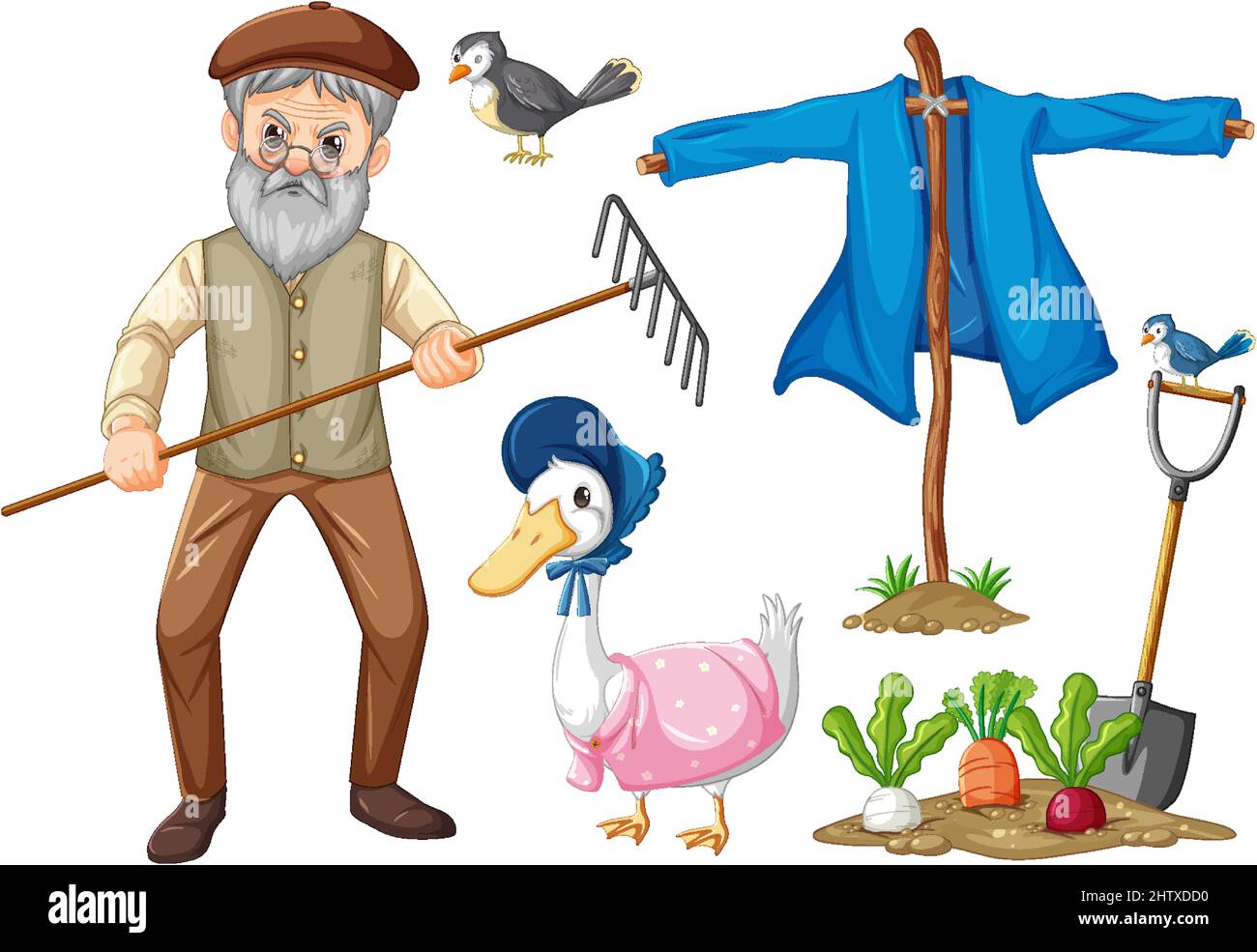 Set of farm objects and farmer cartoon character illustration Stock ...
