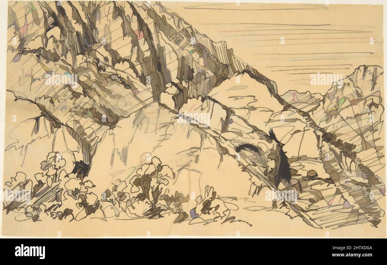 Art inspired by Mountainous Site, Pen and black ink, 3 1/2 x 5 11/16 in. (8.9 x 14.5 cm), Drawings, Rodolphe Bresdin (French, Montrelais 1822–1885 Sèvres, Classic works modernized by Artotop with a splash of modernity. Shapes, color and value, eye-catching visual impact on art. Emotions through freedom of artworks in a contemporary way. A timeless message pursuing a wildly creative new direction. Artists turning to the digital medium and creating the Artotop NFT Stock Photo