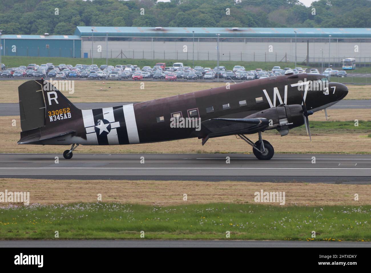 N345AN (43-30652), a Douglas C-47A Skytrain operated by the 1941 Historical Aircraft Group, arriving at Prestwick Airport in Ayrshire, Scotland. Stock Photo