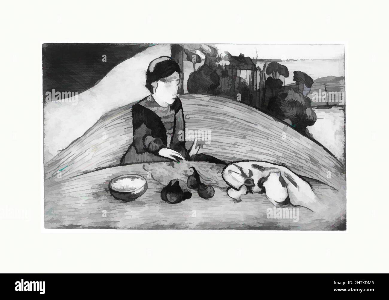 Art inspired by Woman with Figs, 1894, etching, lavis, and soft-ground etching on zinc, printed in green ink, 10 1/2 x 17 7/16 in. (26.7 x 44.3 cm), Prints, Paul Gauguin (French, Paris 1848–1903 Atuona, Hiva Oa, Marquesas Islands, Classic works modernized by Artotop with a splash of modernity. Shapes, color and value, eye-catching visual impact on art. Emotions through freedom of artworks in a contemporary way. A timeless message pursuing a wildly creative new direction. Artists turning to the digital medium and creating the Artotop NFT Stock Photo