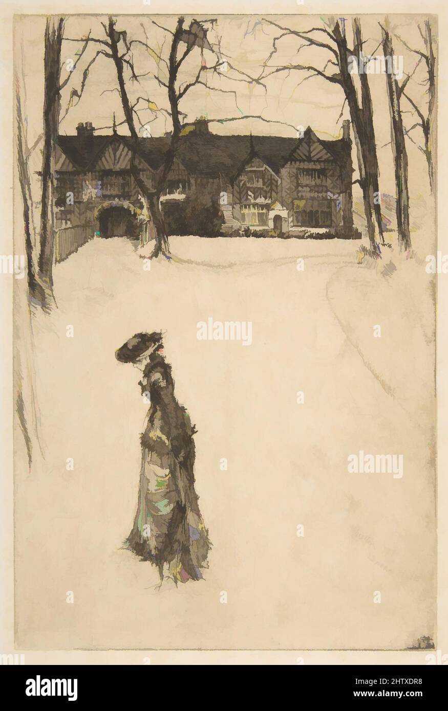 Art inspired by Speke Hall, No. 1, 1870, Etching and drypoint; printed in black ink on ivory laid paper removed from a book (unrelated pen and brown ink manuscript verso), Image: 8 7/8 × 5 7/8 in. (22.6 × 14.9 cm), Prints, James McNeill Whistler (American, Lowell, Massachusetts 1834–, Classic works modernized by Artotop with a splash of modernity. Shapes, color and value, eye-catching visual impact on art. Emotions through freedom of artworks in a contemporary way. A timeless message pursuing a wildly creative new direction. Artists turning to the digital medium and creating the Artotop NFT Stock Photo