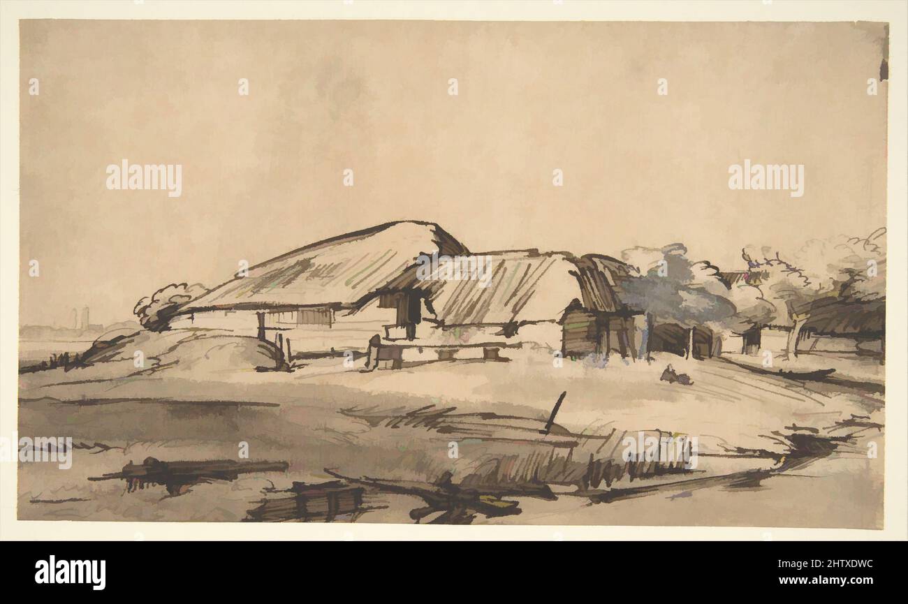 Art inspired by Group of Farm Buildings, ca. 1648–52, Pen and brown ink, brush and brown wash, corrected with white gouache, on paper washed with brown, sheet: 4 1/16 x 6 15/16 in. (10.3 x 17.6 cm), Drawings, Rembrandt (Rembrandt van Rijn) (Dutch, Leiden 1606–1669 Amsterdam, Classic works modernized by Artotop with a splash of modernity. Shapes, color and value, eye-catching visual impact on art. Emotions through freedom of artworks in a contemporary way. A timeless message pursuing a wildly creative new direction. Artists turning to the digital medium and creating the Artotop NFT Stock Photo