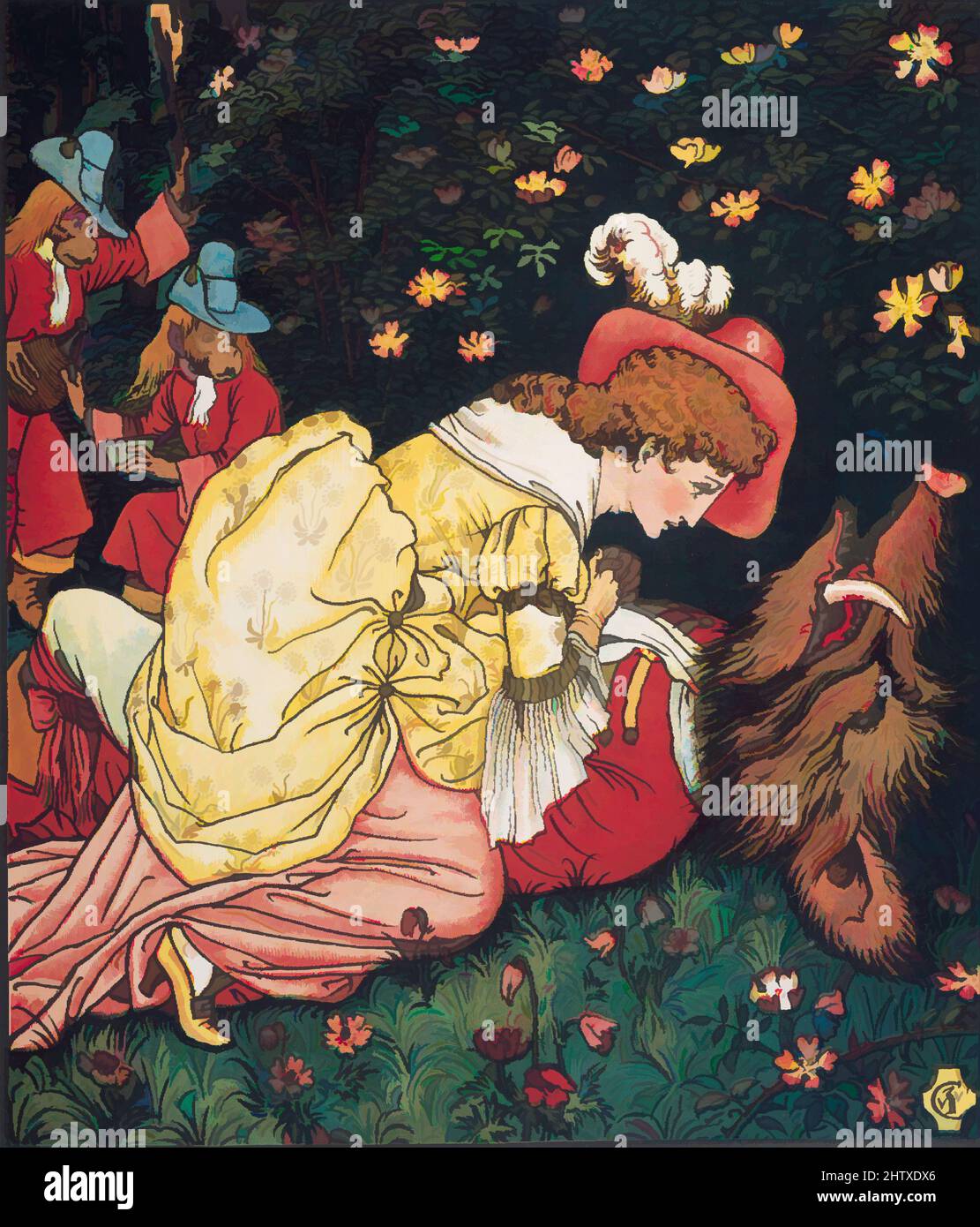 Art inspired by Beauty and the Beast, ca. 1901, Illustrations: wood engraving, printed in colors, 10 9/16 x 9 3/16 x 1/8 in. (26.8 x 23.3 x 0.3 cm), Books, Classic works modernized by Artotop with a splash of modernity. Shapes, color and value, eye-catching visual impact on art. Emotions through freedom of artworks in a contemporary way. A timeless message pursuing a wildly creative new direction. Artists turning to the digital medium and creating the Artotop NFT Stock Photo