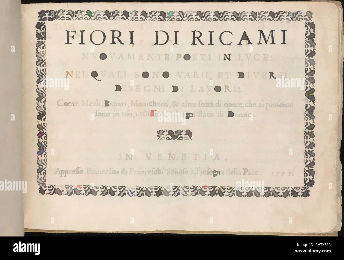 Art inspired by Fiori di Ricami Nuovamente Posti in Luce, 1591, Woodcut, Overall: 5 1/2 x 7 7/8 in. (14 x 20 cm), Designed by Matteo Florimi, Italian, active Siena, ca. 1581-died 1613, published by Francesco de' Franceschi, Italian, active 16th century, Venice. Title page with foliage-, Classic works modernized by Artotop with a splash of modernity. Shapes, color and value, eye-catching visual impact on art. Emotions through freedom of artworks in a contemporary way. A timeless message pursuing a wildly creative new direction. Artists turning to the digital medium and creating the Artotop NFT Stock Photo
