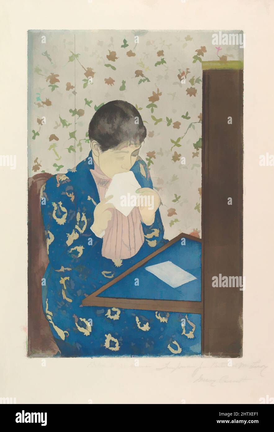 Art inspired by The Letter, 1890–91, Drypoint and aquatint, printed in color from three plates, plate: 13 5/8 x 8 15/16 in. (34.6 x 22.7 cm), Prints, Mary Cassatt (American, Pittsburgh, Pennsylvania 1844–1926 Le Mesnil-Théribus, Oise, Classic works modernized by Artotop with a splash of modernity. Shapes, color and value, eye-catching visual impact on art. Emotions through freedom of artworks in a contemporary way. A timeless message pursuing a wildly creative new direction. Artists turning to the digital medium and creating the Artotop NFT Stock Photo