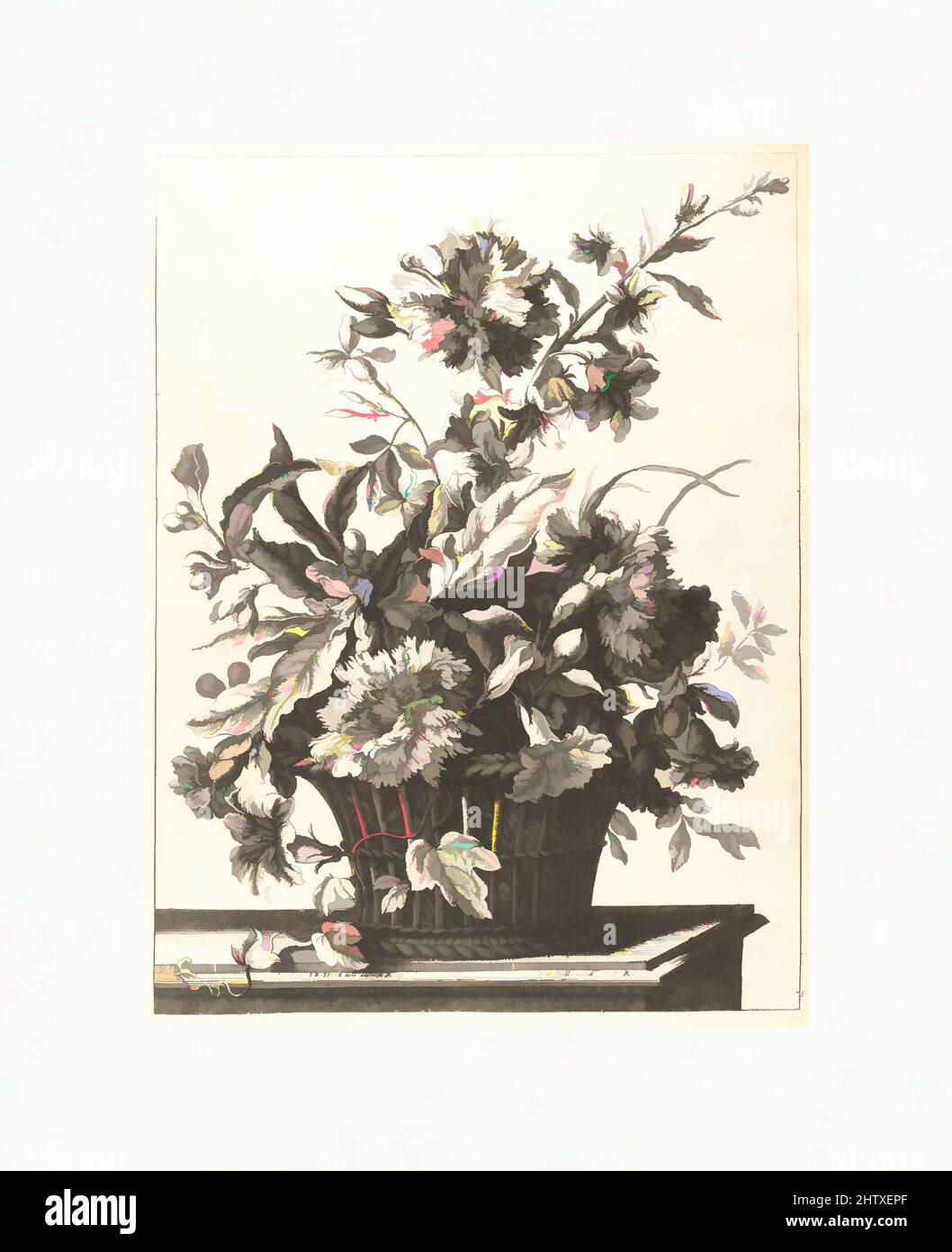 Art inspired by Upright Baskets of Flowers, before 1690, Engraving, Overall: 21 9/16 x 16 1/4 x 3/16 in. (54.8 x 41.3 x 0.5 cm), Books, Classic works modernized by Artotop with a splash of modernity. Shapes, color and value, eye-catching visual impact on art. Emotions through freedom of artworks in a contemporary way. A timeless message pursuing a wildly creative new direction. Artists turning to the digital medium and creating the Artotop NFT Stock Photo