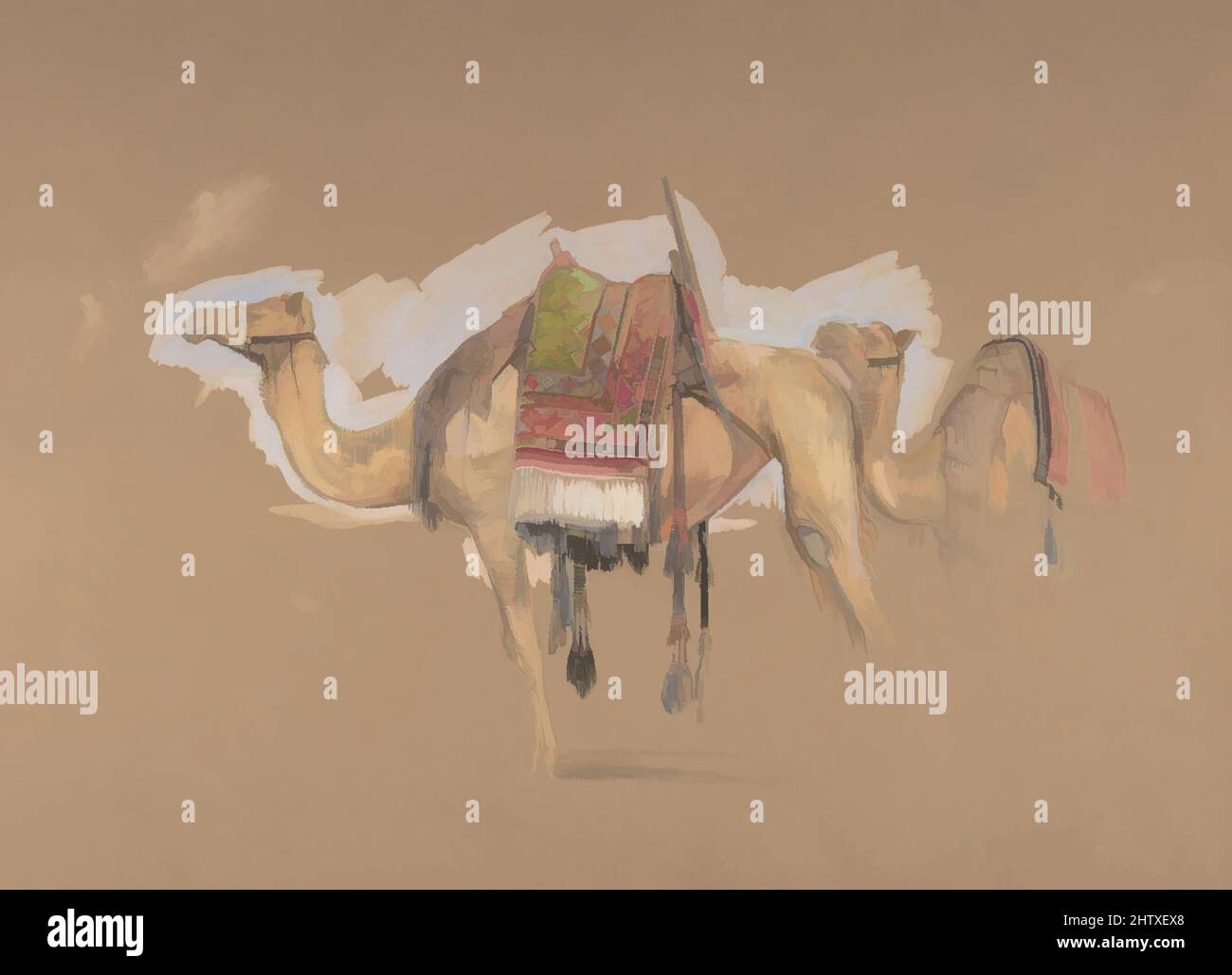 Art inspired by Two Camels, ca. 1843, Watercolors and gouache over black chalk on brownish paper, sheet: 14 5/8 x 20 5/8 in. (37.1 x 52.4 cm), Drawings, John Frederick Lewis (British, London 1805–1876 Walton-on-Thames), Among the most accomplished of the Victorian 'Orientalists,' Lewis, Classic works modernized by Artotop with a splash of modernity. Shapes, color and value, eye-catching visual impact on art. Emotions through freedom of artworks in a contemporary way. A timeless message pursuing a wildly creative new direction. Artists turning to the digital medium and creating the Artotop NFT Stock Photo