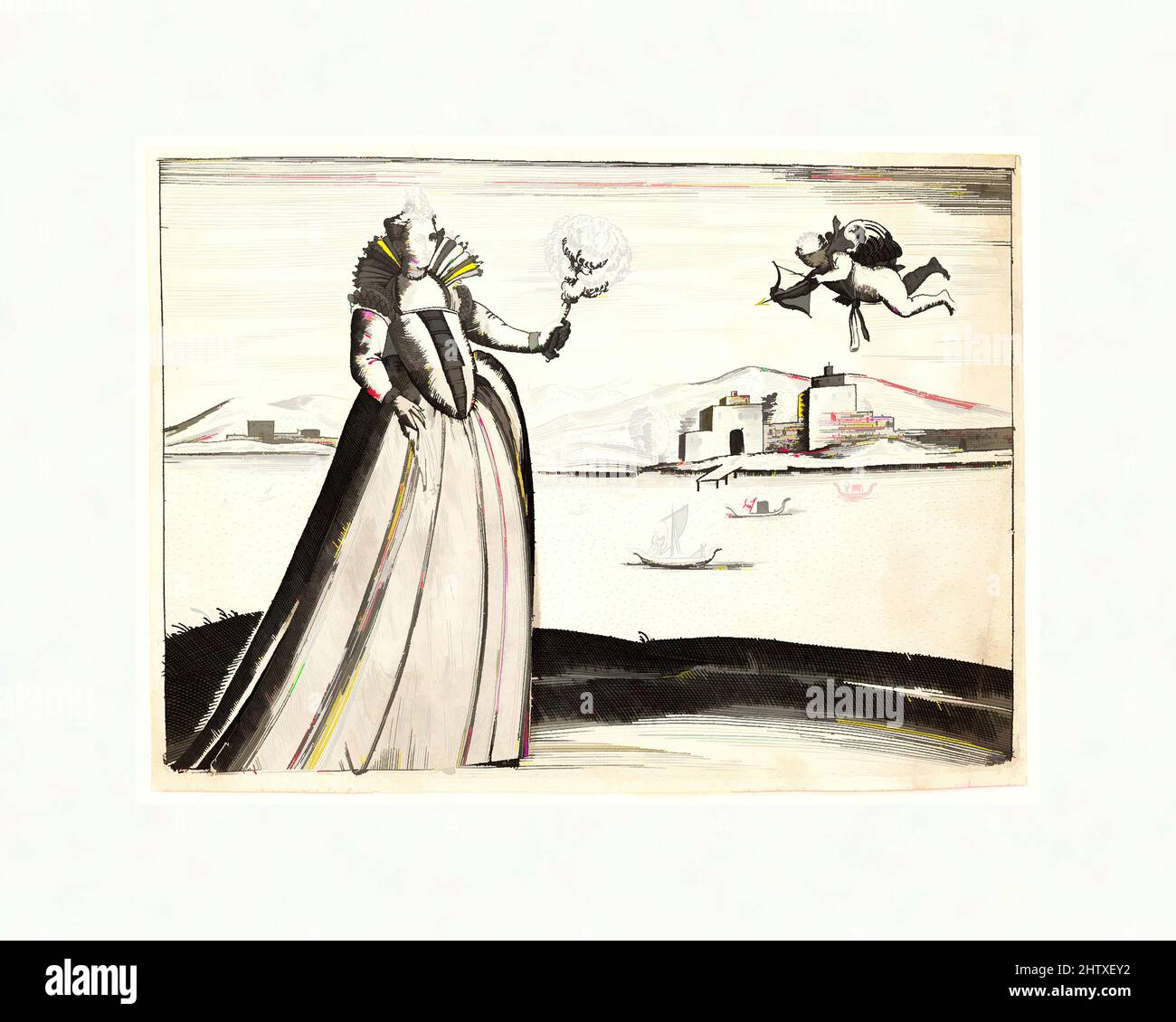 Art inspired by Venetian Woman with Moveable Skirt, 1563, Engraving, Sheet: 5 1/2 x 7 7/16 in. (14 x 18.9 cm), Prints, Venice was famed for its many elaborately dressed and coiffed courtesans. Foreign visitors marveled at their opulent jewels and use of abundant cosmetics, while civic, Classic works modernized by Artotop with a splash of modernity. Shapes, color and value, eye-catching visual impact on art. Emotions through freedom of artworks in a contemporary way. A timeless message pursuing a wildly creative new direction. Artists turning to the digital medium and creating the Artotop NFT Stock Photo