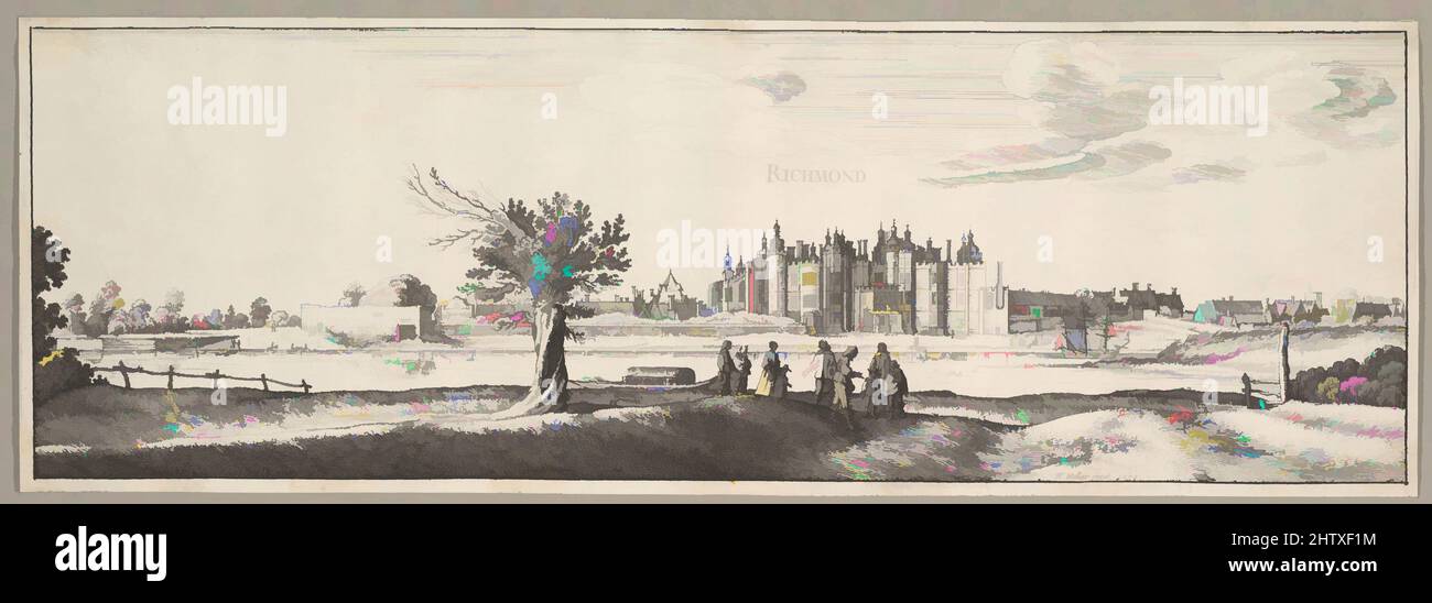 Art inspired by Richmond Palace, 1638, Etching, only state, a copy of NH 259 made by Hollar himself, Sheet: 20 1/2 × 13 1/4 in. (52.1 × 33.7 cm), Prints, Wenceslaus Hollar (Bohemian, Prague 1607–1677 London), View of Richmond palace with towers surmounted by cupolas seen across the, Classic works modernized by Artotop with a splash of modernity. Shapes, color and value, eye-catching visual impact on art. Emotions through freedom of artworks in a contemporary way. A timeless message pursuing a wildly creative new direction. Artists turning to the digital medium and creating the Artotop NFT Stock Photo
