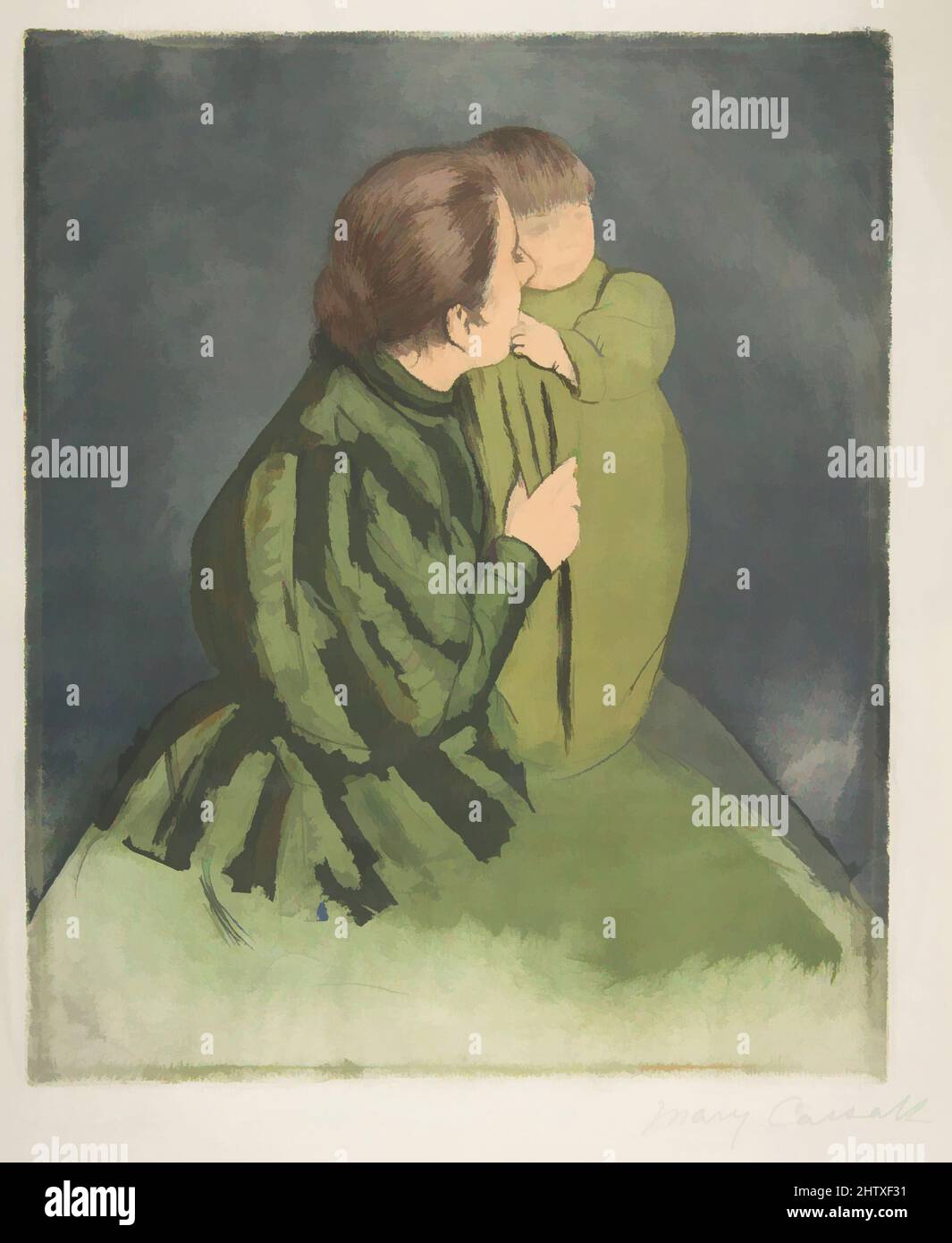 Art inspired by Peasant Mother and Child, ca. 1894, Drypoint and aquatint, printed in color from three plates; tenth state of ten, plate: 11 1/2 x 9 7/16 in. (29.2 x 24 cm), Prints, Mary Cassatt (American, Pittsburgh, Pennsylvania 1844–1926 Le Mesnil-Théribus, Oise, Classic works modernized by Artotop with a splash of modernity. Shapes, color and value, eye-catching visual impact on art. Emotions through freedom of artworks in a contemporary way. A timeless message pursuing a wildly creative new direction. Artists turning to the digital medium and creating the Artotop NFT Stock Photo