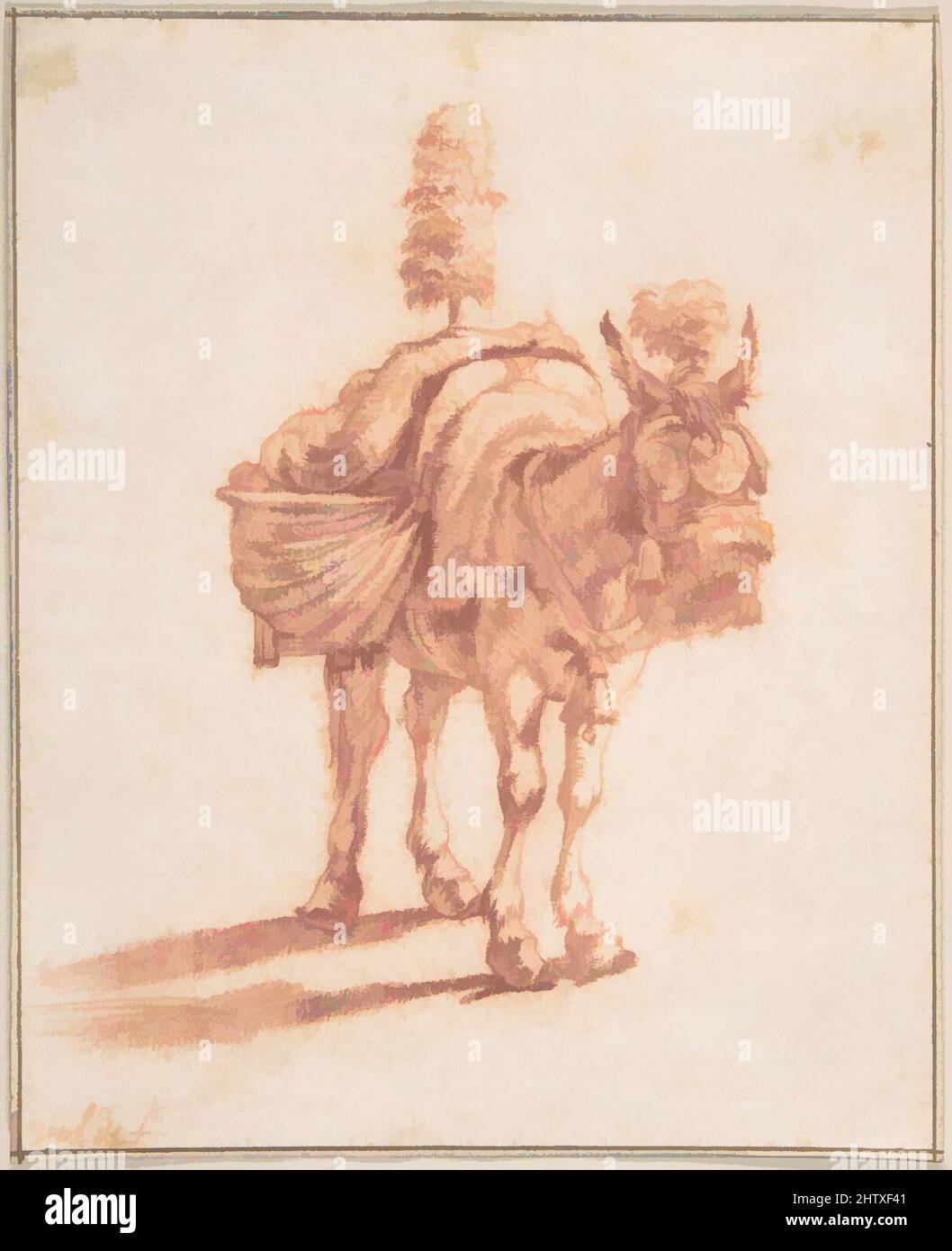 Art inspired by A Donkey, mid-17th century, Red chalk, sheet: 6 1/8 x 4 15/16 in. (15.6 x 12.6 cm), Drawings, Adriaen van de Velde (Dutch, Amsterdam 1636–1672 Amsterdam), After Karel Dujardin (Dutch, Amsterdam 1622–1678 Venice, Classic works modernized by Artotop with a splash of modernity. Shapes, color and value, eye-catching visual impact on art. Emotions through freedom of artworks in a contemporary way. A timeless message pursuing a wildly creative new direction. Artists turning to the digital medium and creating the Artotop NFT Stock Photo