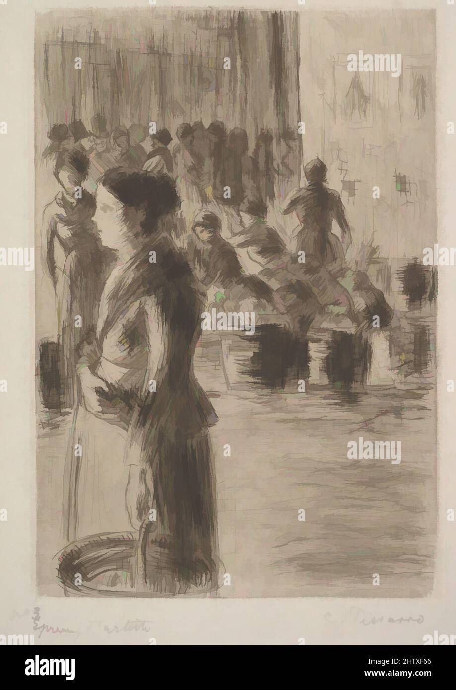 Art inspired by The Maid at the Market, 1888, Etching and drypoint on china paper; second state of four, sheet: 13 7/8 x 9 3/16 in. (35.3 x 23.3 cm), Prints, Camille Pissarro (French, Charlotte Amalie, Saint Thomas 1830–1903 Paris, Classic works modernized by Artotop with a splash of modernity. Shapes, color and value, eye-catching visual impact on art. Emotions through freedom of artworks in a contemporary way. A timeless message pursuing a wildly creative new direction. Artists turning to the digital medium and creating the Artotop NFT Stock Photo