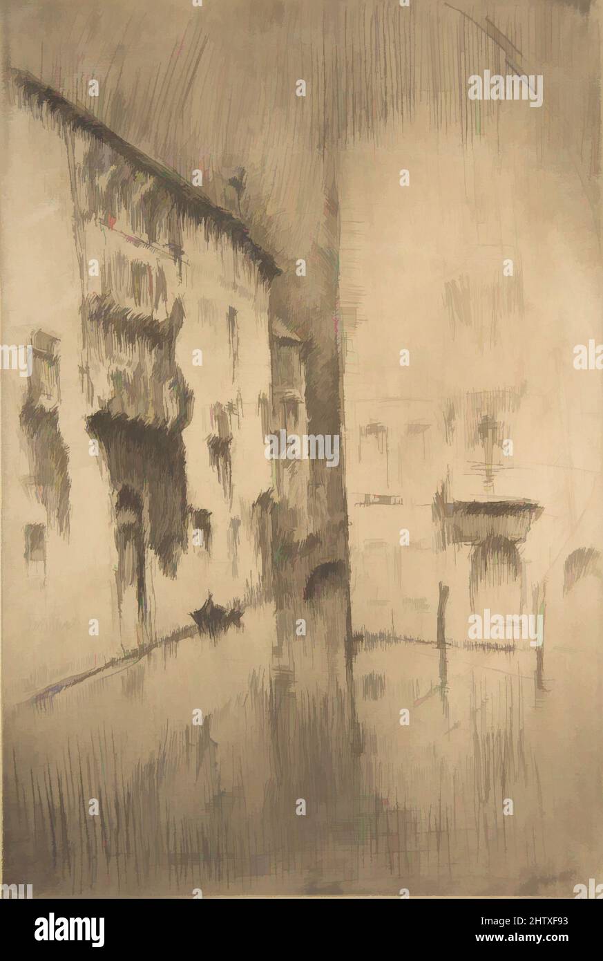 Art inspired by Nocturne: Palaces, 1879–80, Etching and drypoint; fourth state of twelve (Glasgow); printed in dark brownish-black ink on medium weight ivory laid paper, Sheet: 11 3/4 x 7 7/8 in. (29.8 x 20 cm), Prints, James McNeill Whistler (American, Lowell, Massachusetts 1834–1903, Classic works modernized by Artotop with a splash of modernity. Shapes, color and value, eye-catching visual impact on art. Emotions through freedom of artworks in a contemporary way. A timeless message pursuing a wildly creative new direction. Artists turning to the digital medium and creating the Artotop NFT Stock Photo