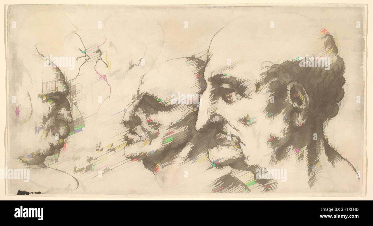 Art inspired by Five Heads, 1625–77, Etching; only state, Plate: 2 1/16 × 3 7/8 in. (5.2 × 9.8 cm) with thread margins, Prints, After Leonardo da Vinci (Italian, Vinci 1452–1519 Amboise), Two old men face left and a deformed man with bulbous chin and lips faces right; smaller outlined, Classic works modernized by Artotop with a splash of modernity. Shapes, color and value, eye-catching visual impact on art. Emotions through freedom of artworks in a contemporary way. A timeless message pursuing a wildly creative new direction. Artists turning to the digital medium and creating the Artotop NFT Stock Photo