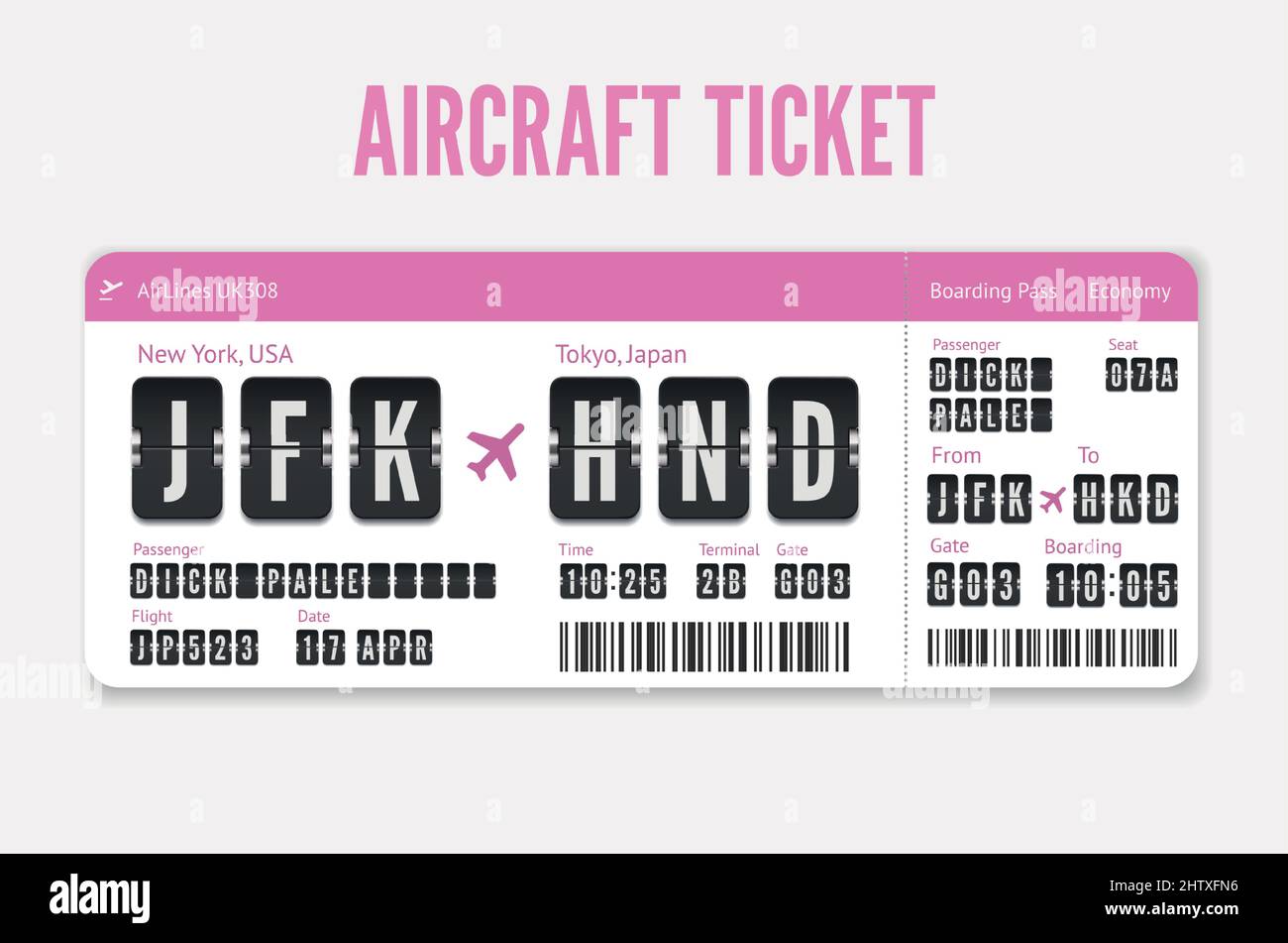 Airplane Ticket template. Pink flight card with destination in Tokyo