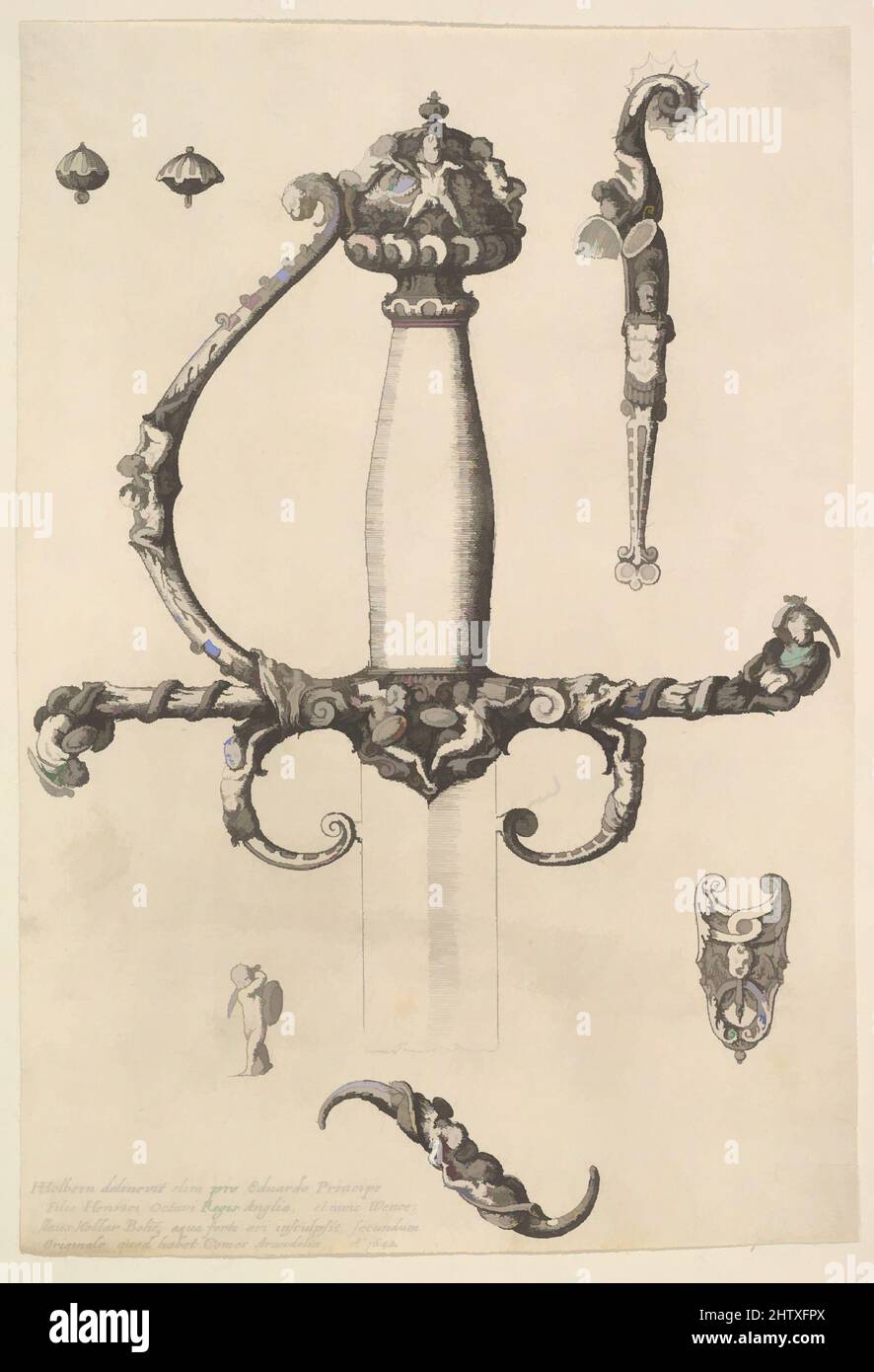 Art inspired by Ornamental sword hilt, 1642, Etching; only state, Sheet: 7 3/8 × 5 1/16 in. (18.7 × 12.9 cm), Wenceslaus Hollar (Bohemian, Prague 1607–1677 London), After Hans Holbein the Younger (German, Augsburg 1497/98–1543 London, Classic works modernized by Artotop with a splash of modernity. Shapes, color and value, eye-catching visual impact on art. Emotions through freedom of artworks in a contemporary way. A timeless message pursuing a wildly creative new direction. Artists turning to the digital medium and creating the Artotop NFT Stock Photo
