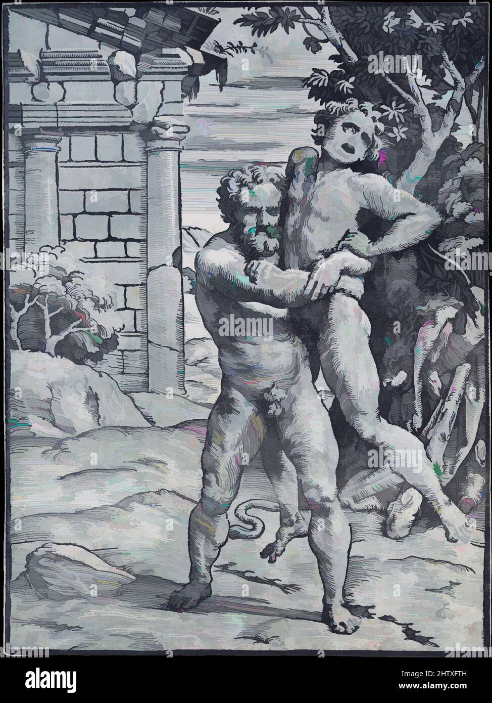 Art inspired by Hercules and Antaeus, 1510–30, Chiaroscuro woodcut printed from two blocks in green-blue and black ink, Sheet: 11 15/16 x 8 7/8 in. (30.3 x 22.6 cm), Prints, Ugo da Carpi (Italian, Carpi ca. 1480–1532 Bologna), After Raphael (Raffaello Sanzio or Santi) (Italian, Urbino, Classic works modernized by Artotop with a splash of modernity. Shapes, color and value, eye-catching visual impact on art. Emotions through freedom of artworks in a contemporary way. A timeless message pursuing a wildly creative new direction. Artists turning to the digital medium and creating the Artotop NFT Stock Photo