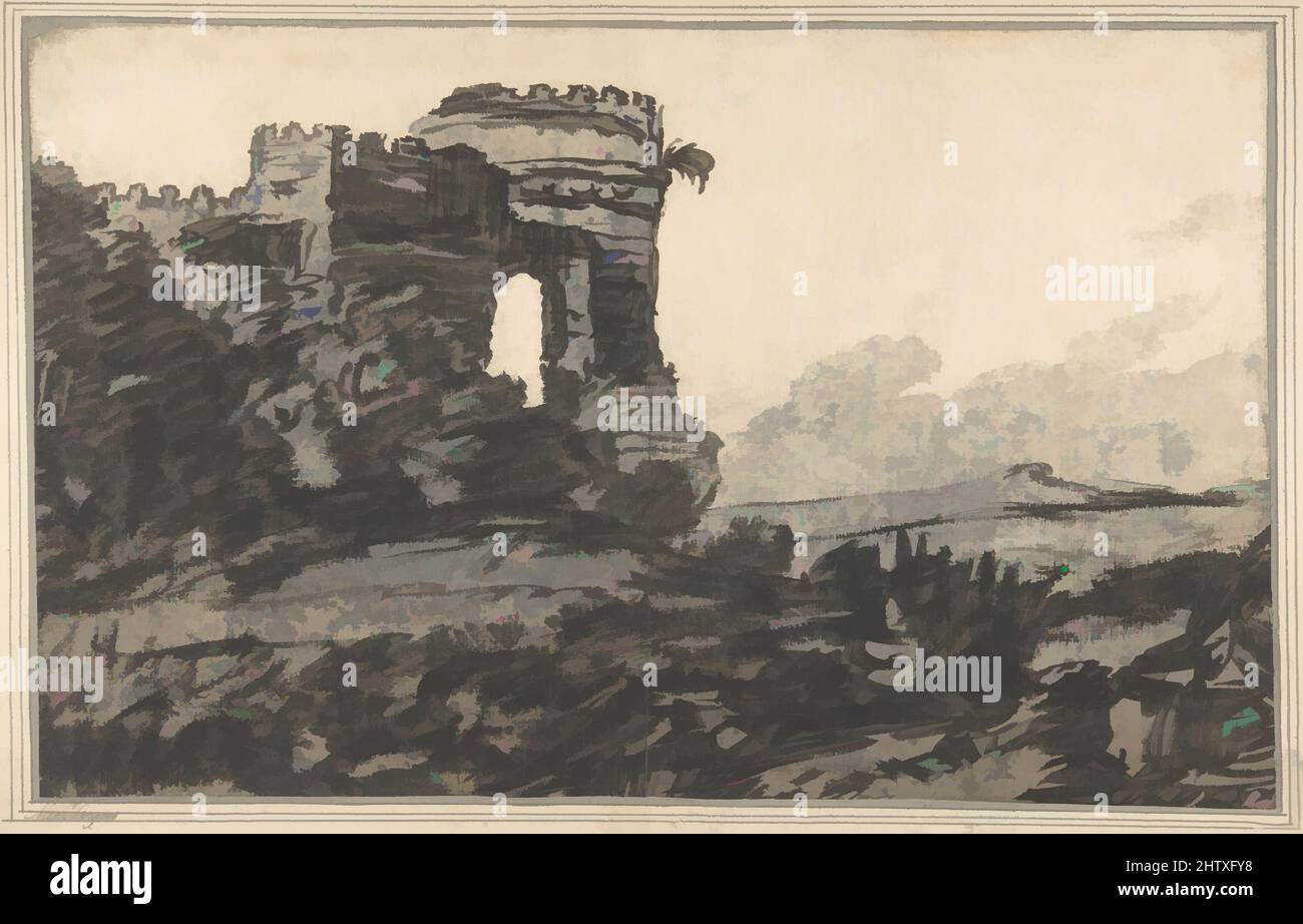 Art inspired by Ruined Castle and Trees, 1735–86, Mottled bluish wash, black ink, Sheet: 10 1/2 x 16 3/4 in. (26.7 x 42.5 cm), Drawings, Alexander Cozens (British, Russia 1717–1786 London, Classic works modernized by Artotop with a splash of modernity. Shapes, color and value, eye-catching visual impact on art. Emotions through freedom of artworks in a contemporary way. A timeless message pursuing a wildly creative new direction. Artists turning to the digital medium and creating the Artotop NFT Stock Photo