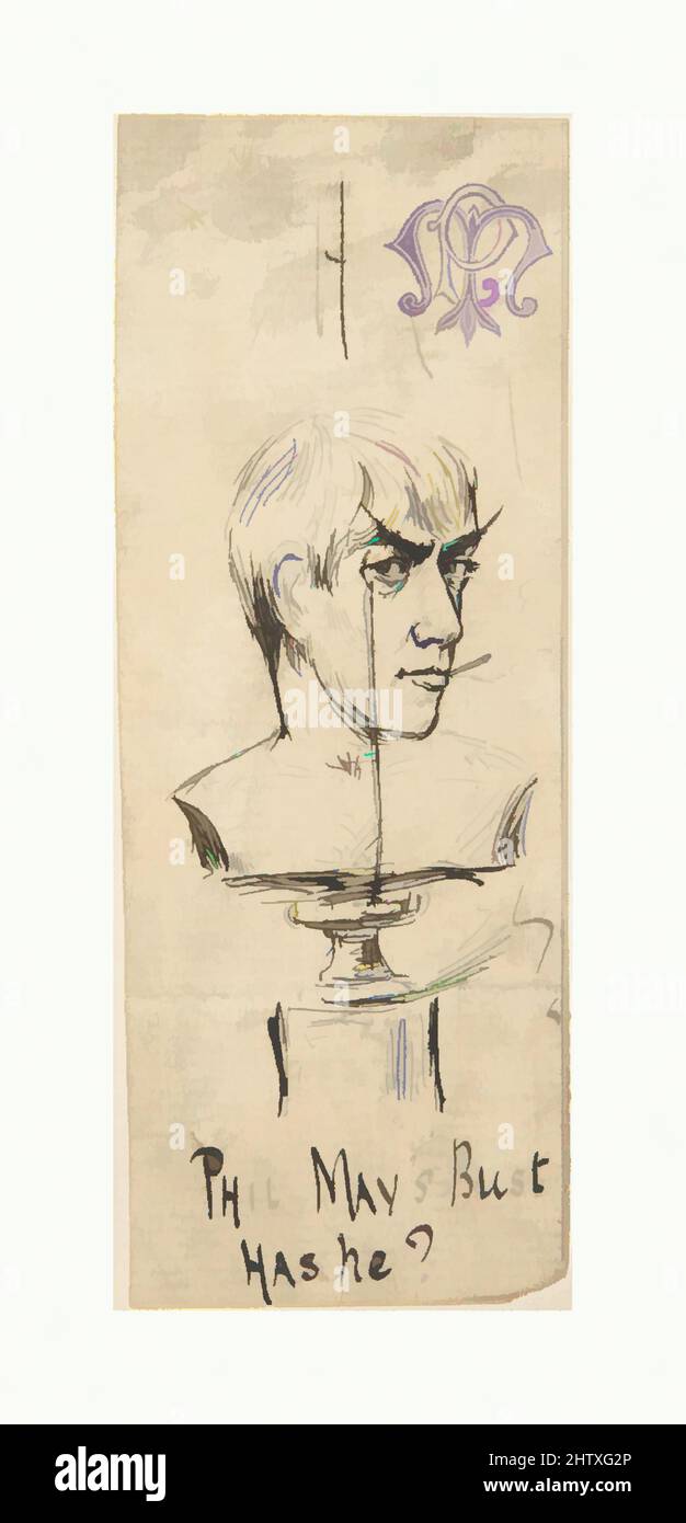 Art inspired by Phil May's Bust. Has he?', ca. 1882, Pen and black ink, sheet: 4 1/2 x 1 5/8 in. (11.4 x 4.2 cm), Drawings, Phil May (British, New Wortley, Leeds 1864–1903 London, Classic works modernized by Artotop with a splash of modernity. Shapes, color and value, eye-catching visual impact on art. Emotions through freedom of artworks in a contemporary way. A timeless message pursuing a wildly creative new direction. Artists turning to the digital medium and creating the Artotop NFT Stock Photo